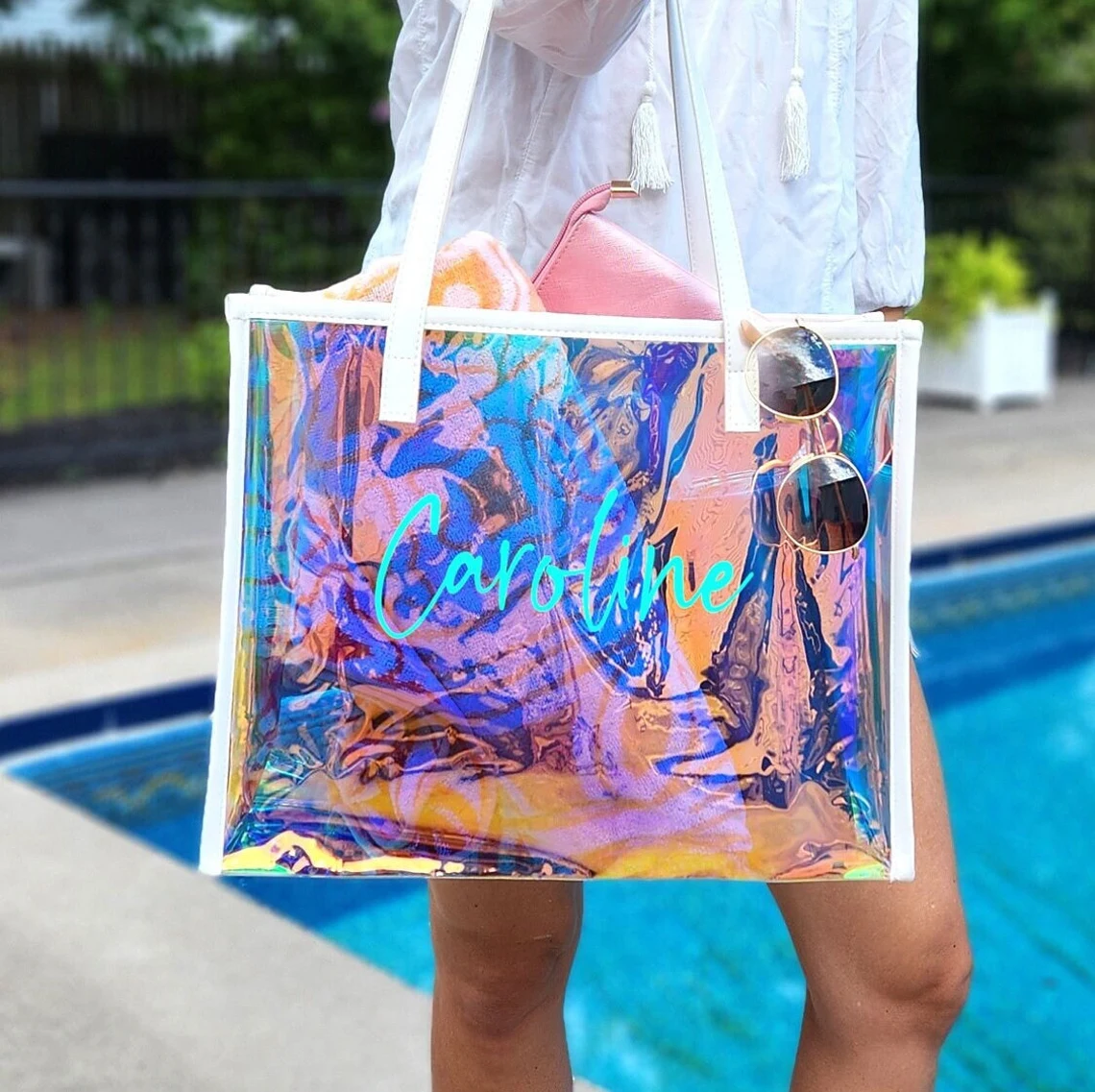 Custom Name Holographic Beach Bag, Waterproof Large Capacity Travel Bag Tote Bag, Bachelorette Party Favors, Christmas/Birthday/Wedding Gift for Her