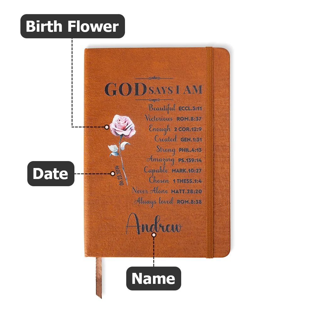 Custom Prayer Journal with Name & Birth Flower, God Says I Am Positive Affirmations Leather Notebook, Graduation/Birthday/Christmas/ Gift for Women