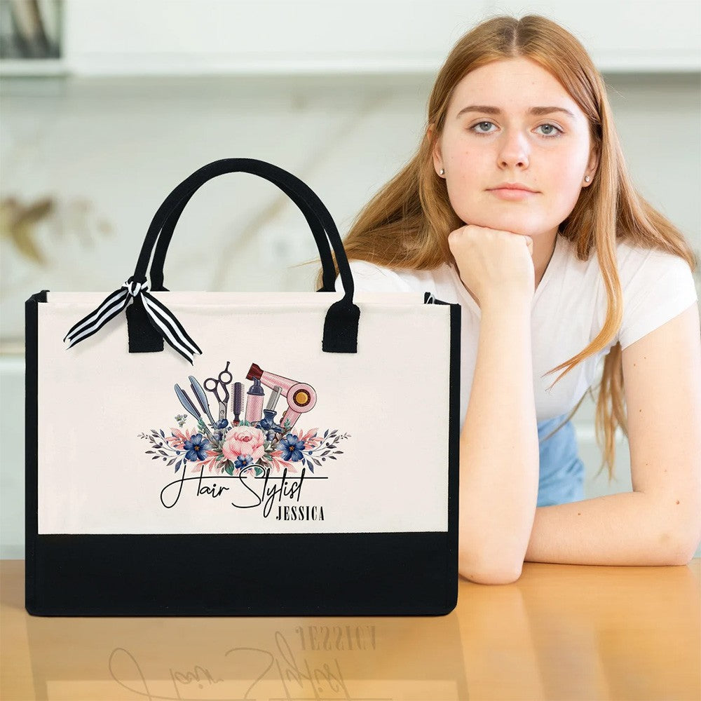 Custom Hair Stylist Tote Bag with Name, Waterproof Large Capacity Hairdresser Canvas Handbag, Birthday/Appreciation Gift for Hairstylist/Beautician