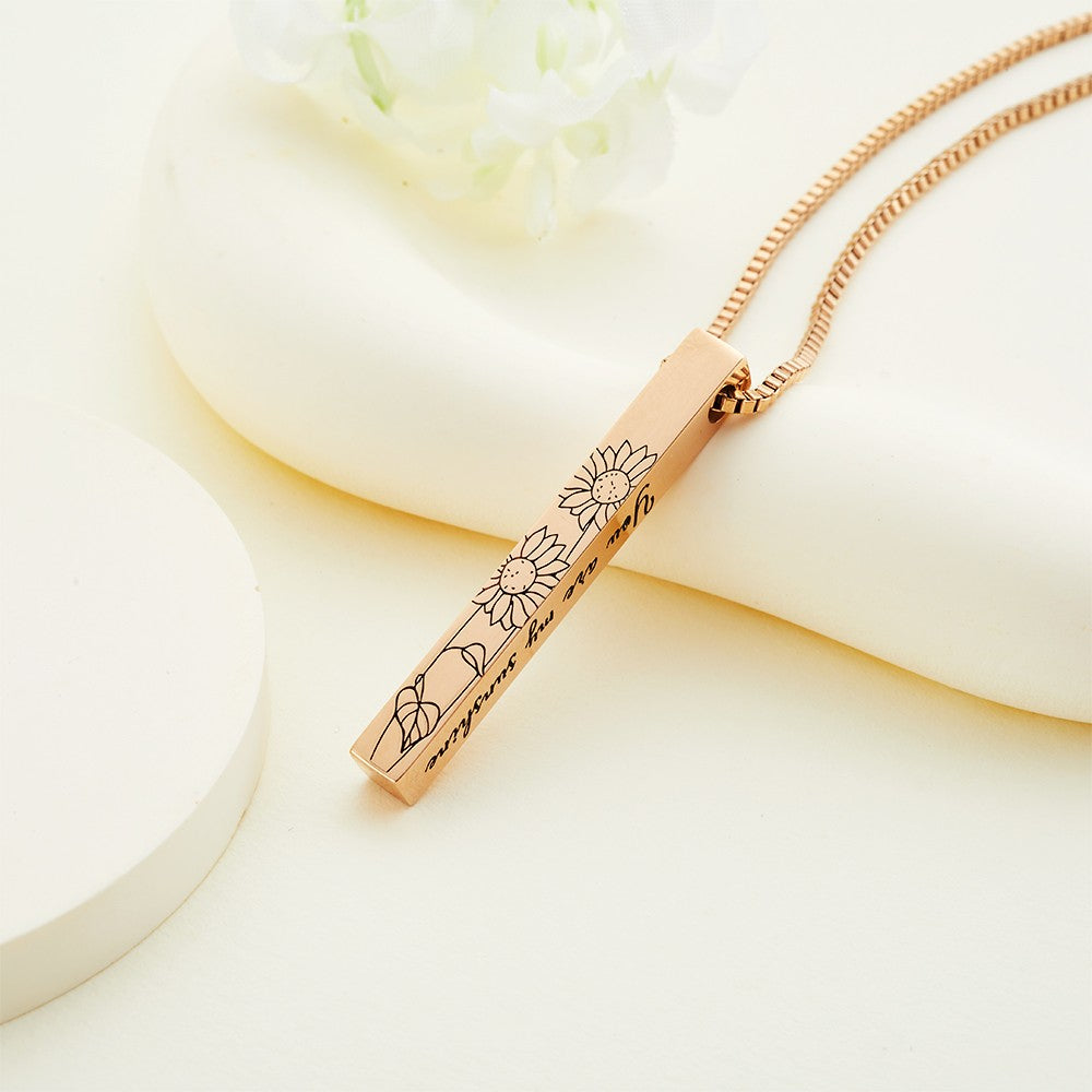 Personalized Birth Flower Engraved Bar Necklace, Customize 4 Sides with Engraving, Family Necklace, Women's Jewelry, Birthday/Anniversary/Mother's Day Gift for Her