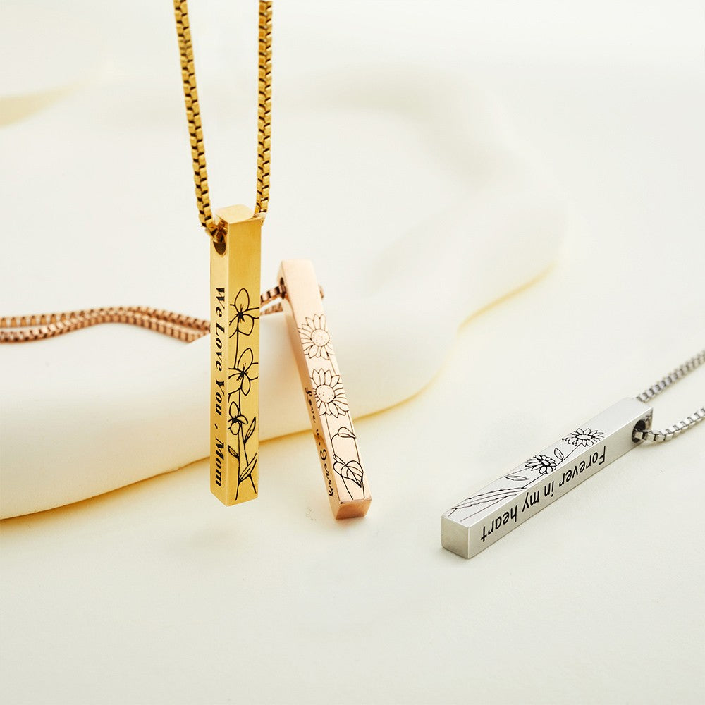 Personalized Birth Flower Engraved Bar Necklace, Customize 4 Sides with Engraving, Family Necklace, Women's Jewelry, Birthday/Anniversary/Mother's Day Gift for Her