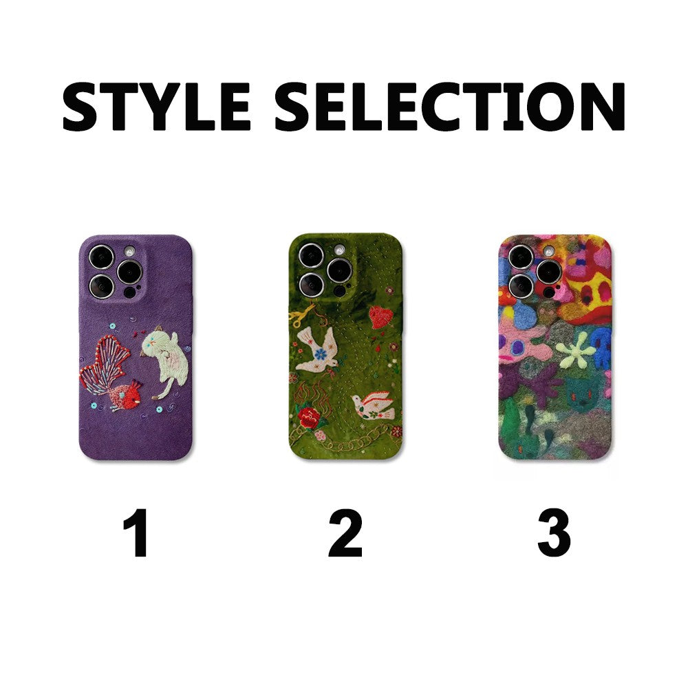 Playful Embroidered Phone Case Collection for Samsung and IPhone, Cute Cat, Birds, and Floral Fun