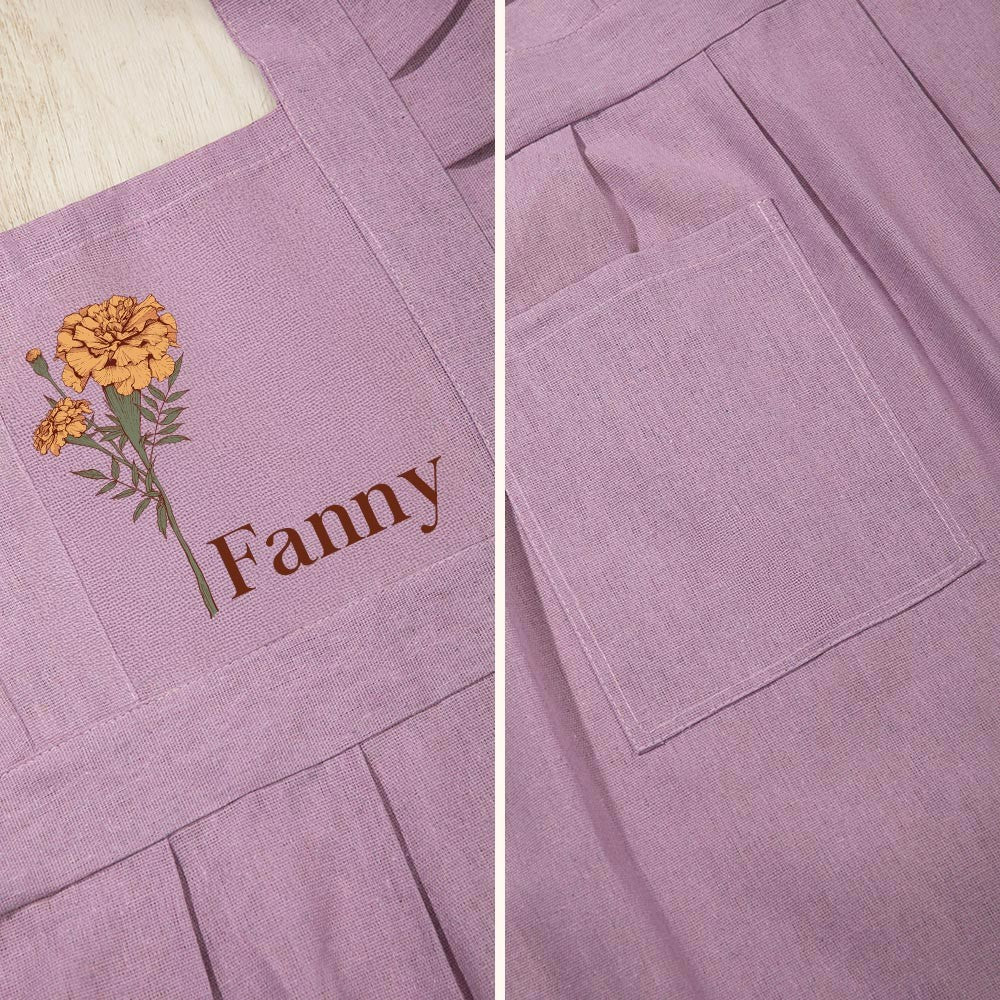 Personalized Birth Flower Ruffle Princess Apron with Pockets, Custom Name Apron for Kitchen/Garden/Nail Salon, Gifts for Chef/Manicurist/Gardener