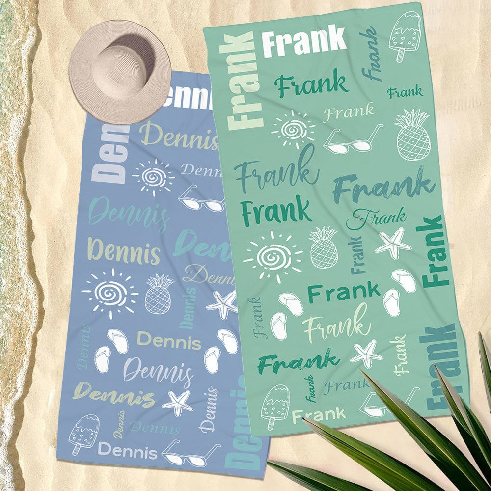 Custom Name Doodle Summer Beach Towel, Quick Dry Microfiber Bath Towel, Vacation/Beach/Pool Party Favor, Travel Essential, Gift for Kid/Family/Friend