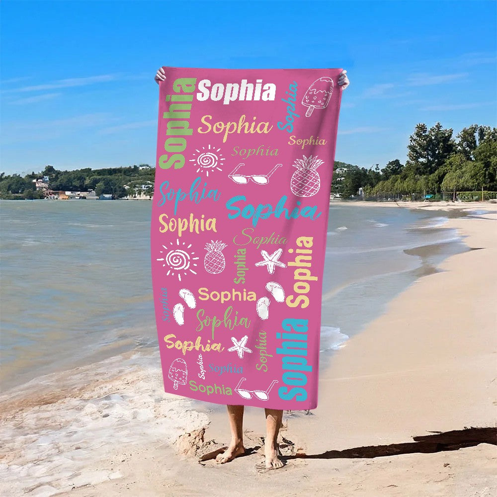 Custom Name Doodle Summer Beach Towel, Quick Dry Microfiber Bath Towel, Vacation/Beach/Pool Party Favor, Travel Essential, Gift for Kid/Family/Friend
