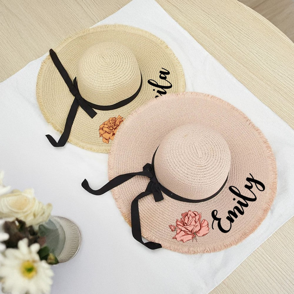 Personalized Name Birth Flower Floppy Sun Hat, Custom Straw Beach Hat for Honeymoon, Bachelorette Party Favor, Gift for Women/Girls/Bridesmaids