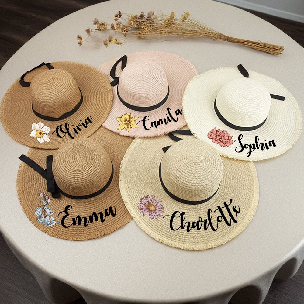 Personalized Name Birth Flower Floppy Sun Hat, Custom Straw Beach Hat for Honeymoon, Bachelorette Party Favor, Gift for Women/Girls/Bridesmaids