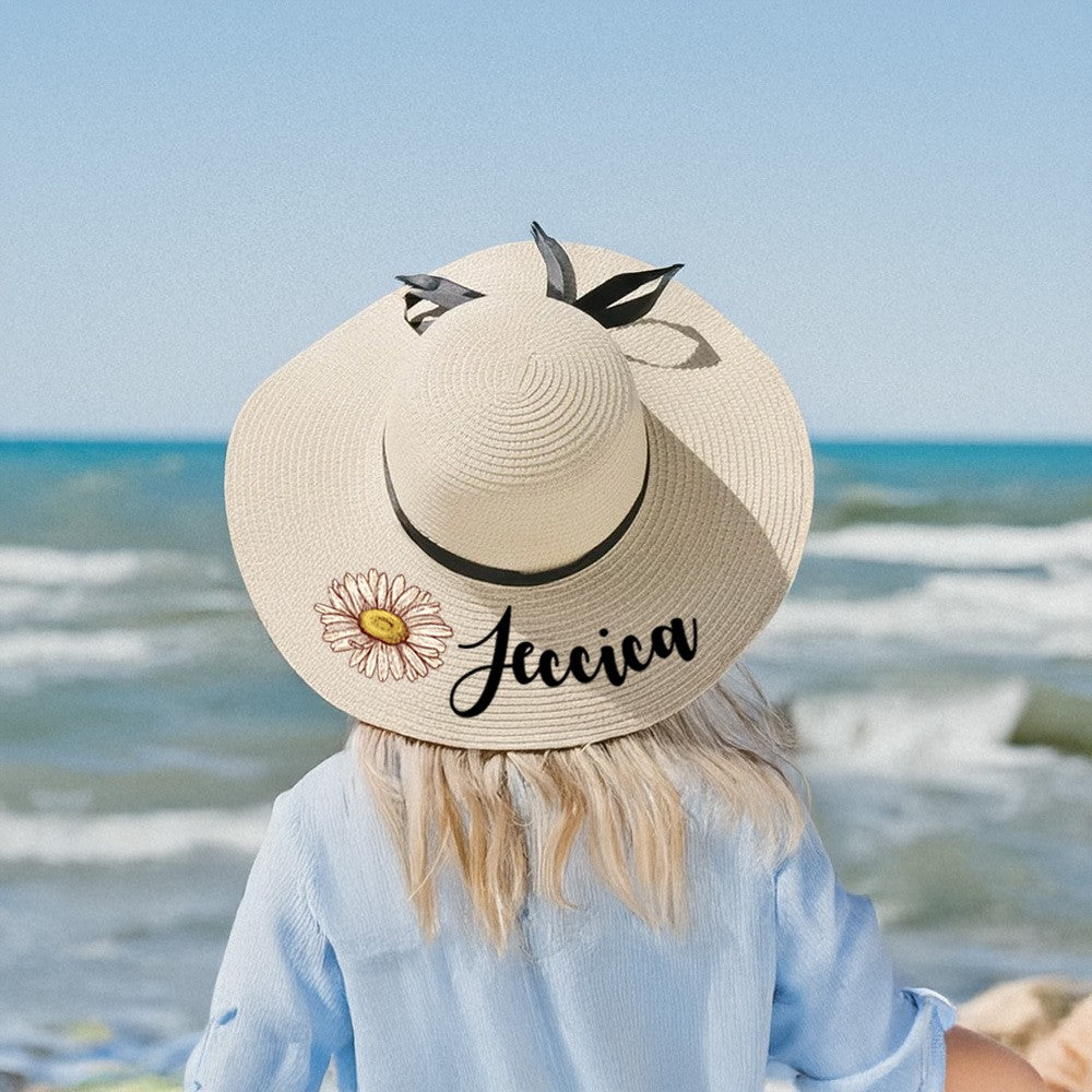 Personalized Name Birth Flower Floppy Sun Hat, Custom Straw Beach Hat for Honeymoon, Bachelorette Party Favor, Gift for Women/Girls/Bridesmaids