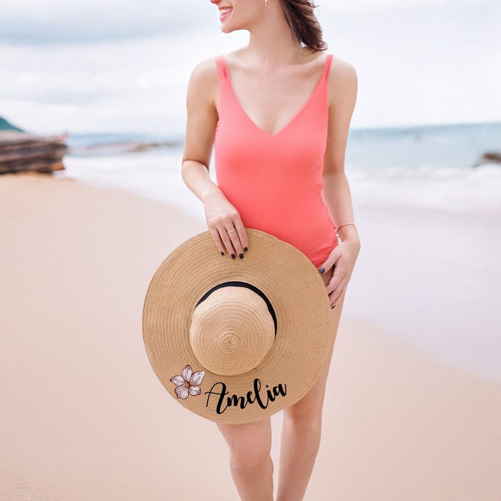 Personalized Name Birth Flower Floppy Sun Hat, Custom Straw Beach Hat for Honeymoon, Bachelorette Party Favor, Gift for Women/Girls/Bridesmaids
