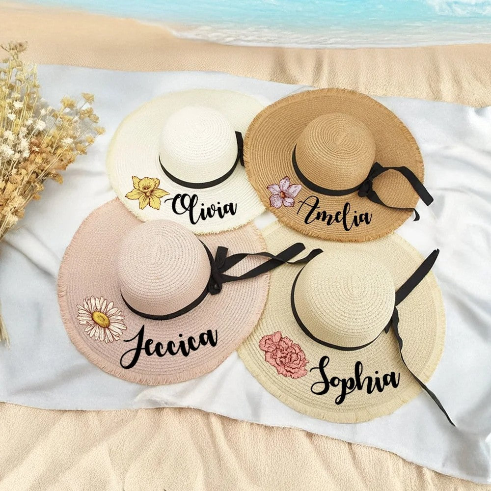 Personalized Name Birth Flower Floppy Sun Hat, Custom Straw Beach Hat for Honeymoon, Bachelorette Party Favor, Gift for Women/Girls/Bridesmaids