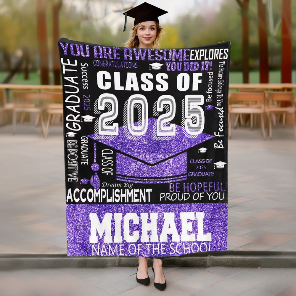 Personalized Multicolor Class of 2025 Bachelor Cap Soft Graduation Flannel Blanket with Text, Graduation Inspirational Gift for Graduates