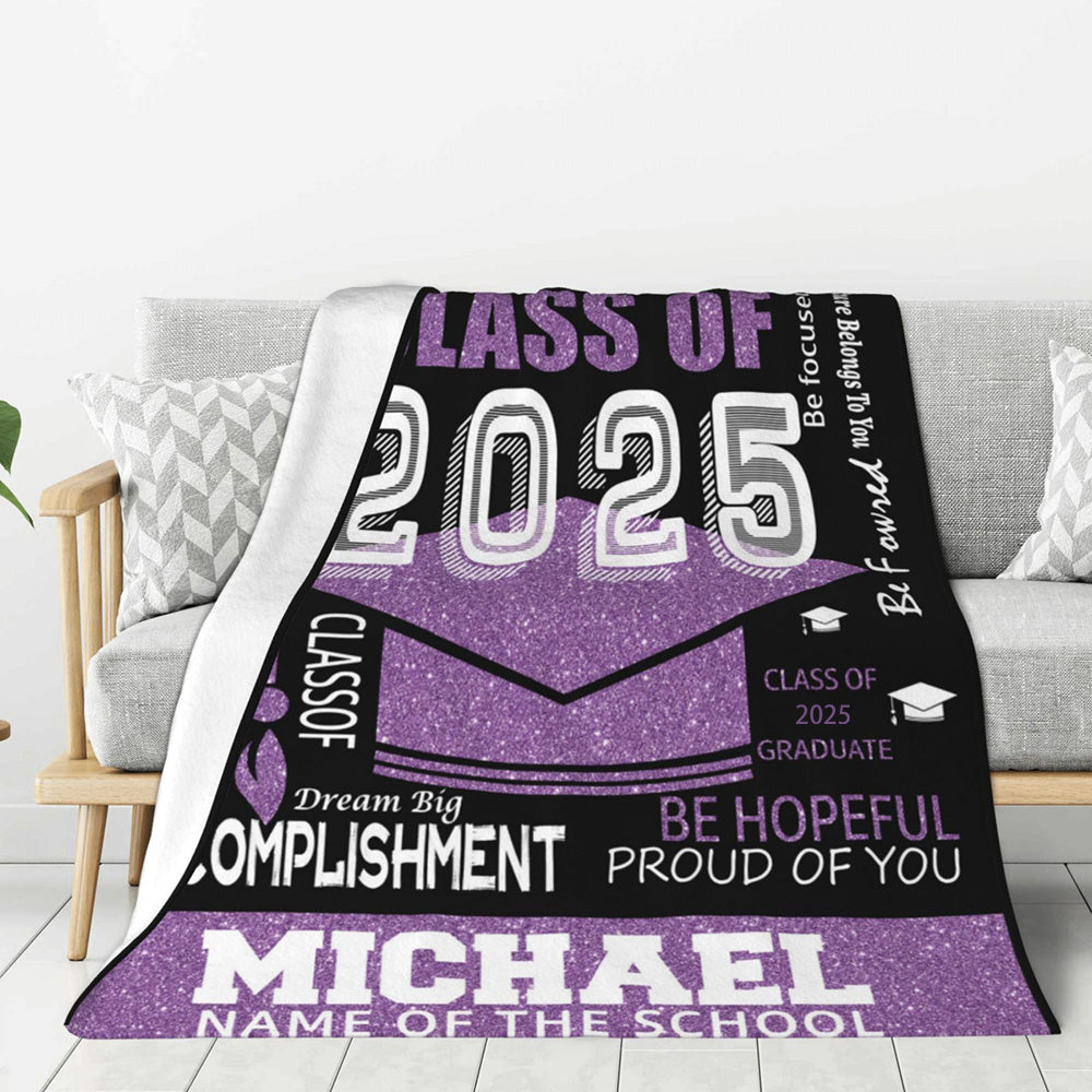 Personalized Multicolor Class of 2025 Bachelor Cap Soft Graduation Flannel Blanket with Text, Graduation Inspirational Gift for Graduates