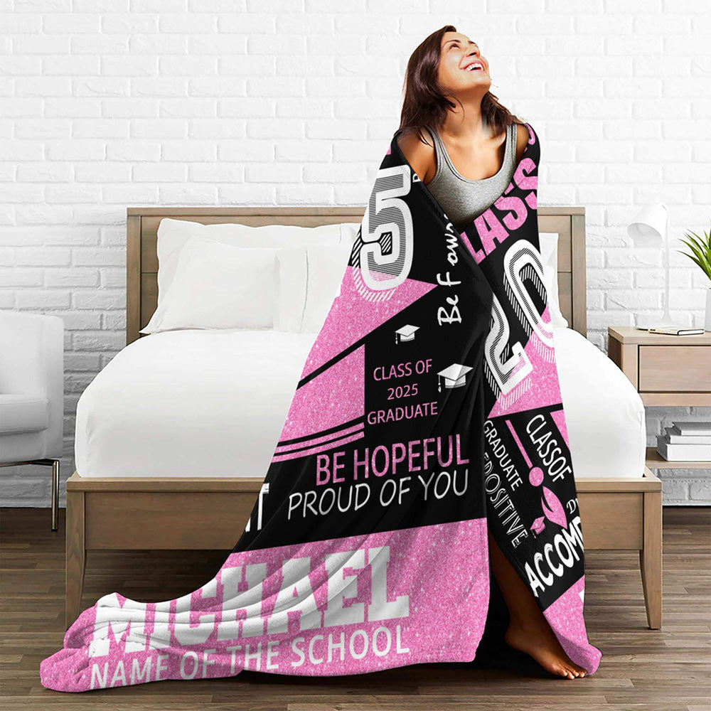 Personalized Multicolor Class of 2025 Bachelor Cap Soft Graduation Flannel Blanket with Text, Graduation Inspirational Gift for Graduates