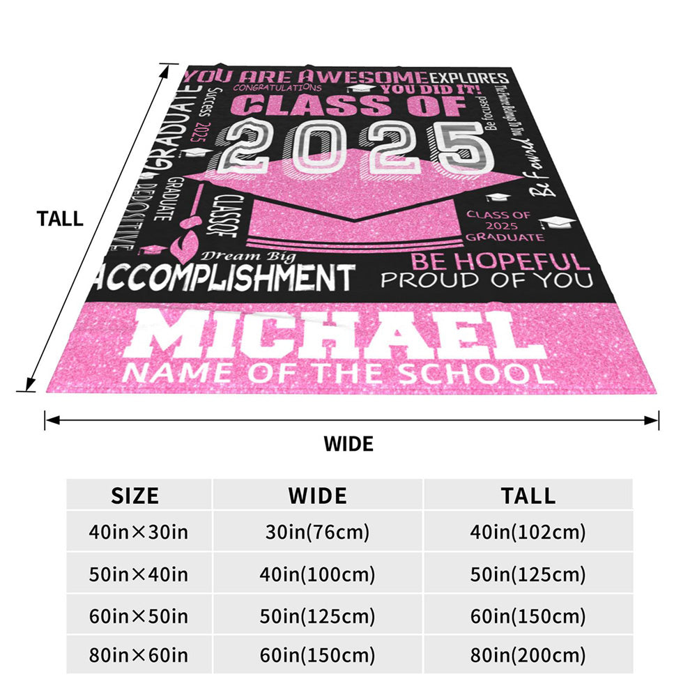 Personalized Multicolor Class of 2025 Bachelor Cap Soft Graduation Flannel Blanket with Text, Graduation Inspirational Gift for Graduates