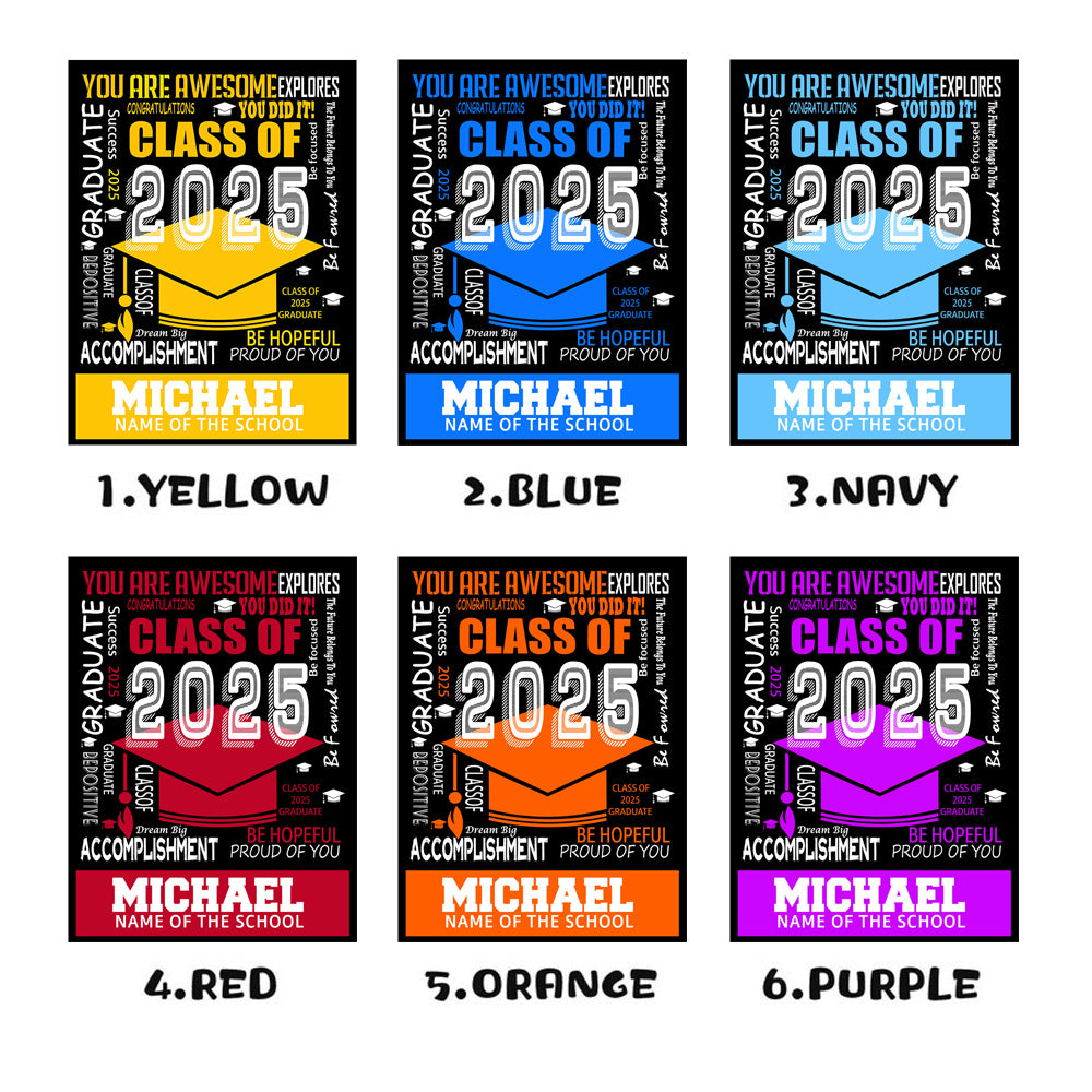 Personalized Multicolor Class of 2025 Bachelor Cap Soft Graduation Flannel Blanket with Text, Graduation Inspirational Gift for Graduates