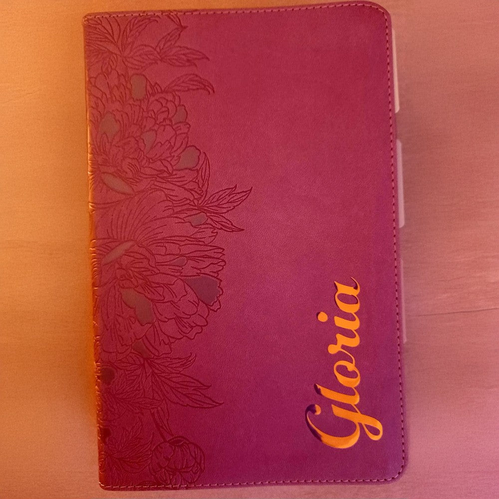 Pink NLT Personal Size Giant Print Holy Bible with Ombre Tabs,Red Letter, Leather Touch with personalized Name