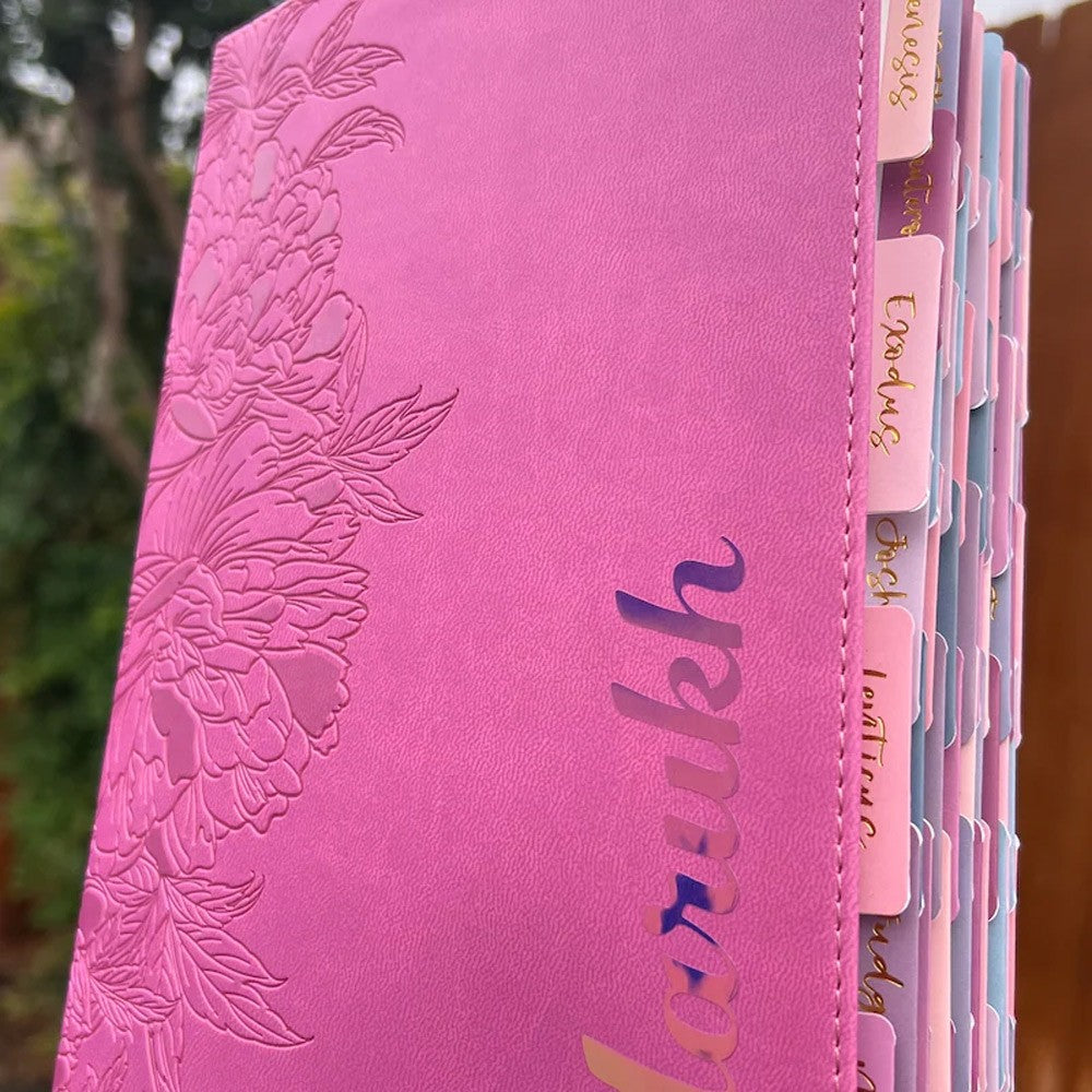Pink NLT Personal Size Giant Print Holy Bible with Ombre Tabs,Red Letter, Leather Touch with personalized Name