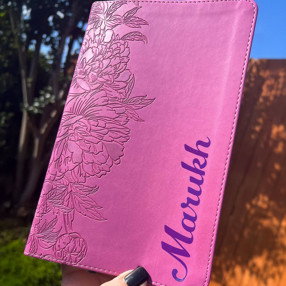 Pink NLT Personal Size Giant Print Holy Bible with Ombre Tabs,Red Letter, Leather Touch with personalized Name