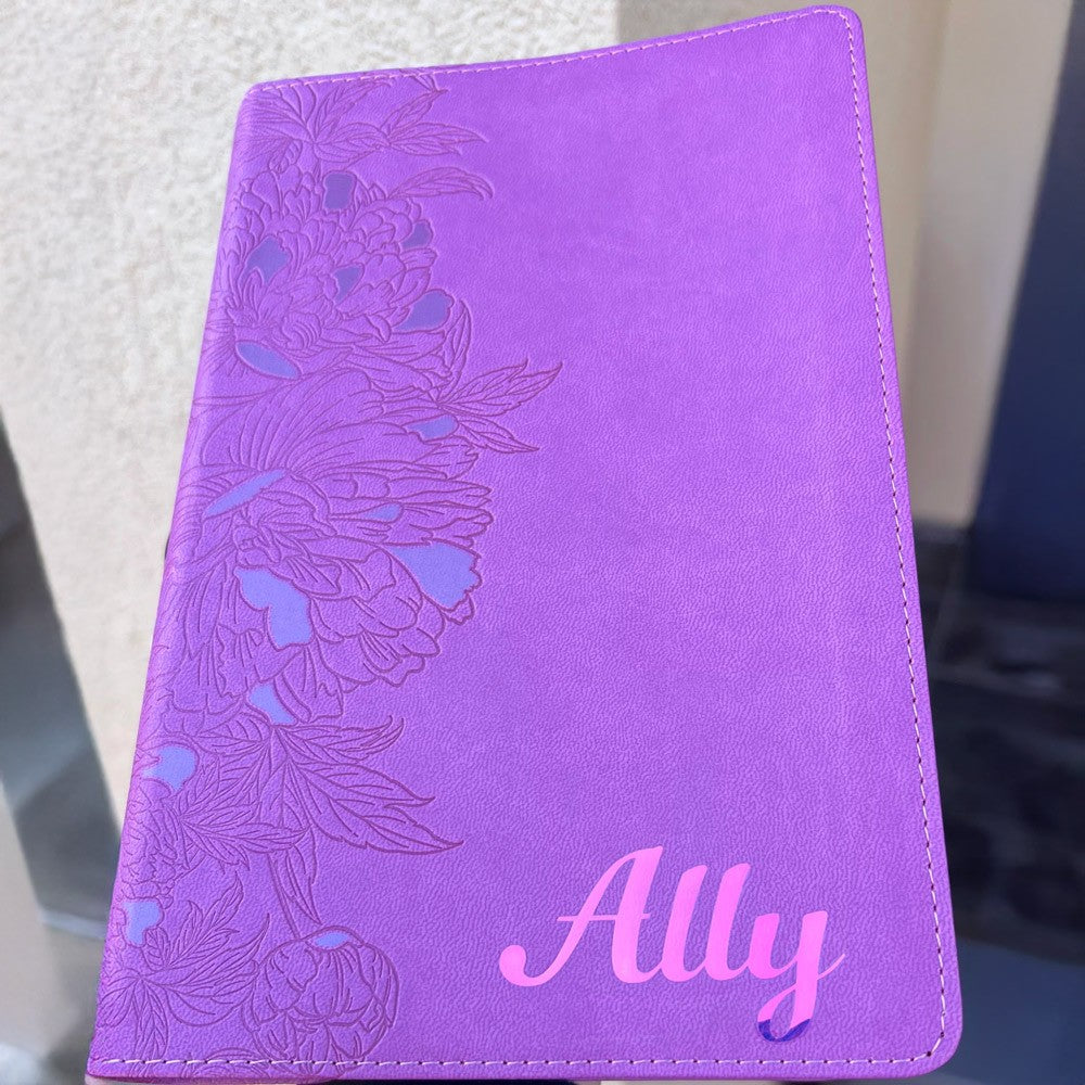 Pink NLT Personal Size Giant Print Holy Bible with Ombre Tabs,Red Letter, Leather Touch with personalized Name