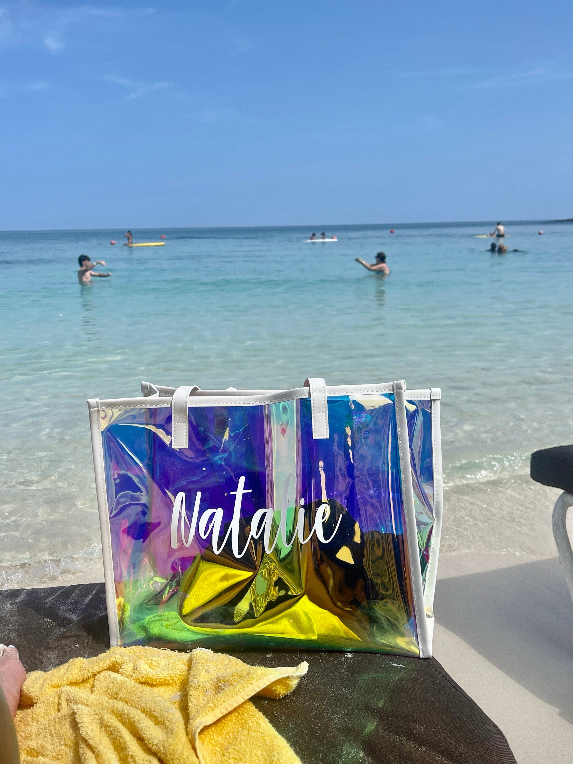 Custom Name Holographic Beach Bag, Waterproof Large Capacity Travel Bag Tote Bag, Bachelorette Party Favors, Christmas/Birthday/Wedding Gift for Her