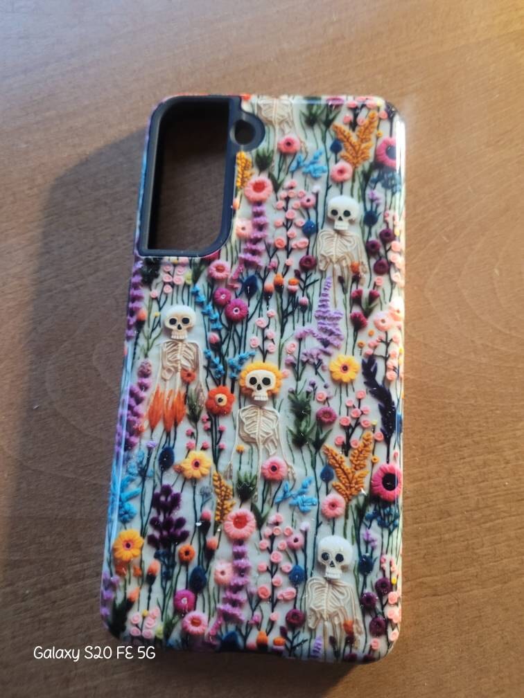 Vintage Skeletons in Bloom Phone Case | Embroidered Look Floral Charm Phone Cover | Halloween Cottagecore | iPhone | Pixel | Samsung