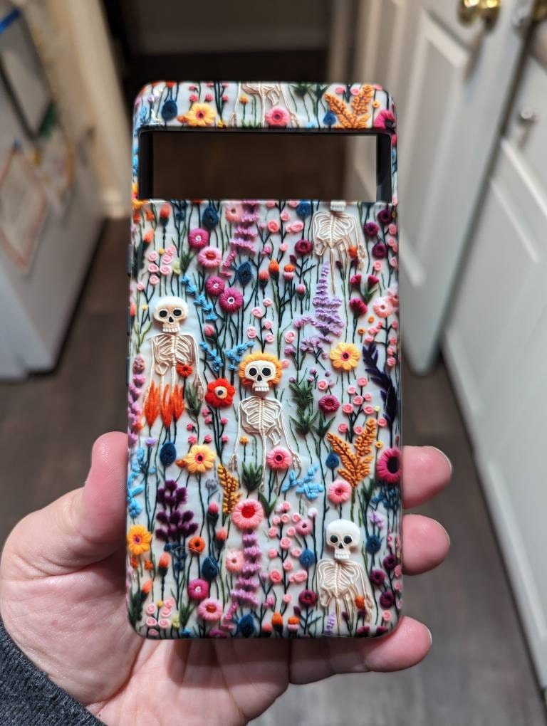 Vintage Skeletons in Bloom Phone Case | Embroidered Look Floral Charm Phone Cover | Halloween Cottagecore | iPhone | Pixel | Samsung