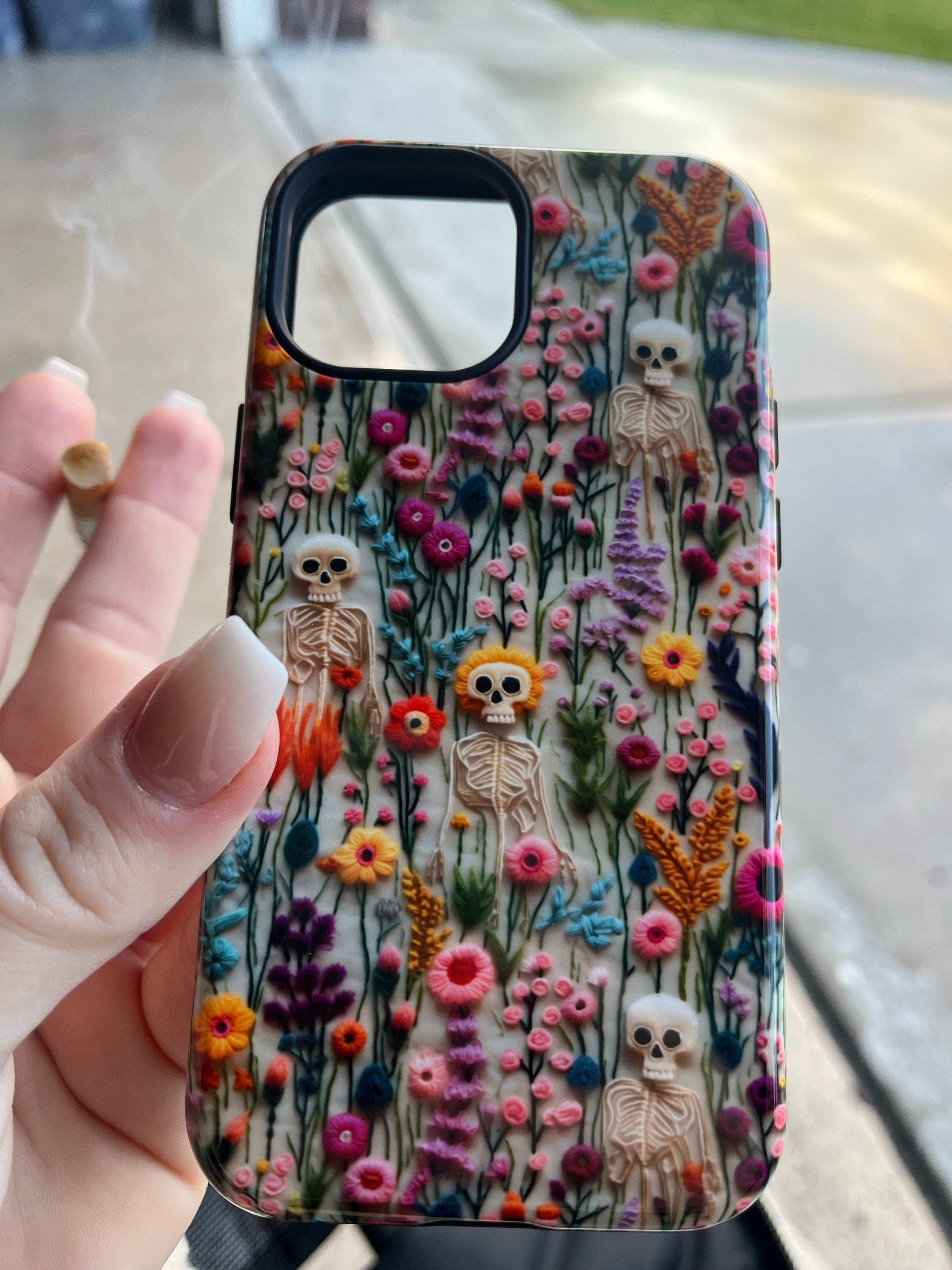 Vintage Skeletons in Bloom Phone Case | Embroidered Look Floral Charm Phone Cover | Halloween Cottagecore | iPhone | Pixel | Samsung