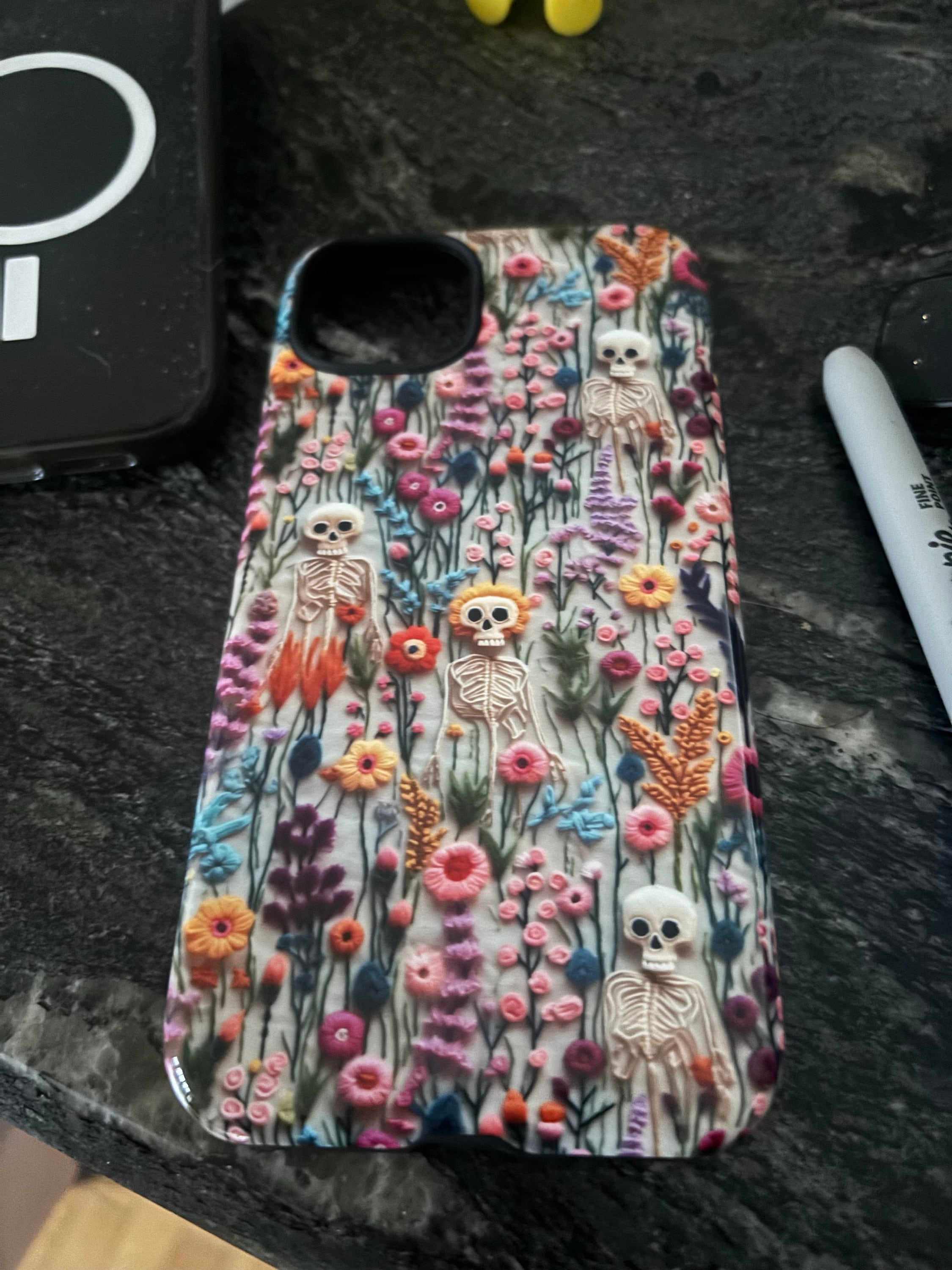 Vintage Skeletons in Bloom Phone Case | Embroidered Look Floral Charm Phone Cover | Halloween Cottagecore | iPhone | Pixel | Samsung