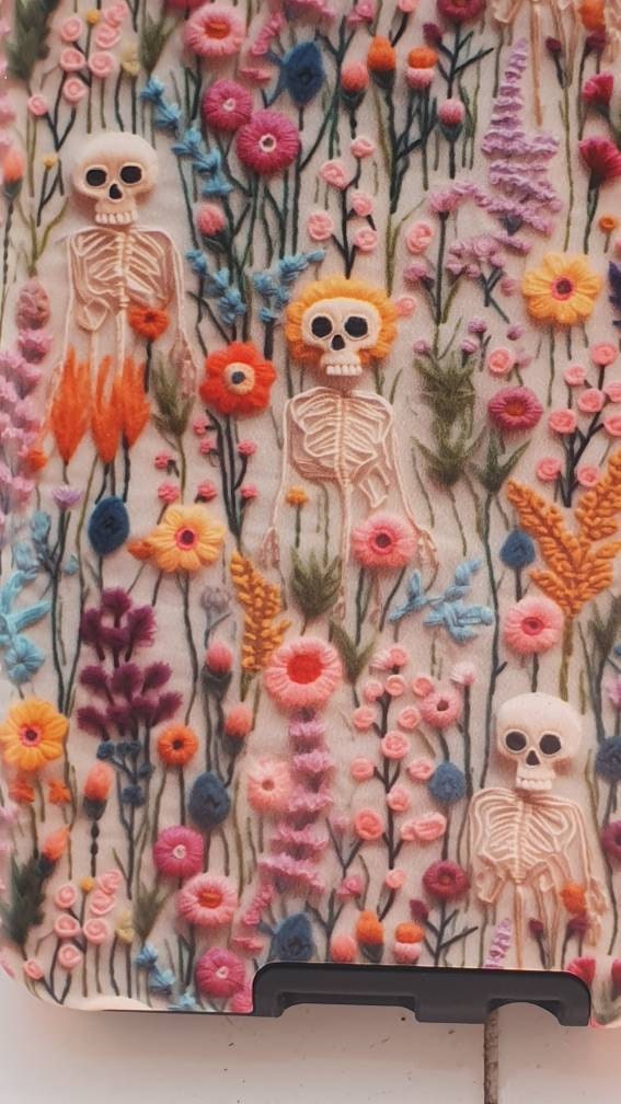 Vintage Skeletons in Bloom Phone Case | Embroidered Look Floral Charm Phone Cover | Halloween Cottagecore | iPhone | Pixel | Samsung