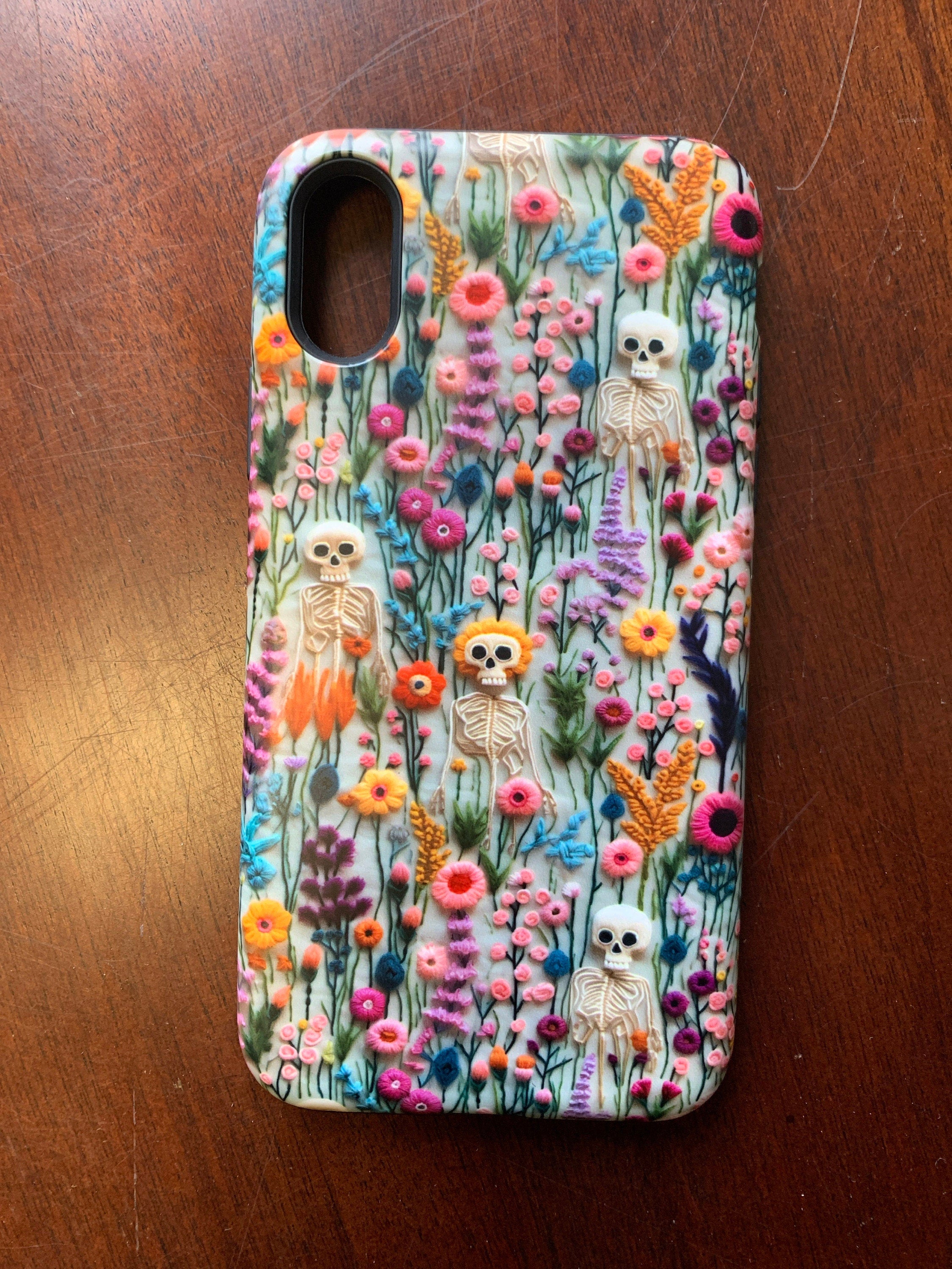 Vintage Skeletons in Bloom Phone Case | Embroidered Look Floral Charm Phone Cover | Halloween Cottagecore | iPhone | Pixel | Samsung