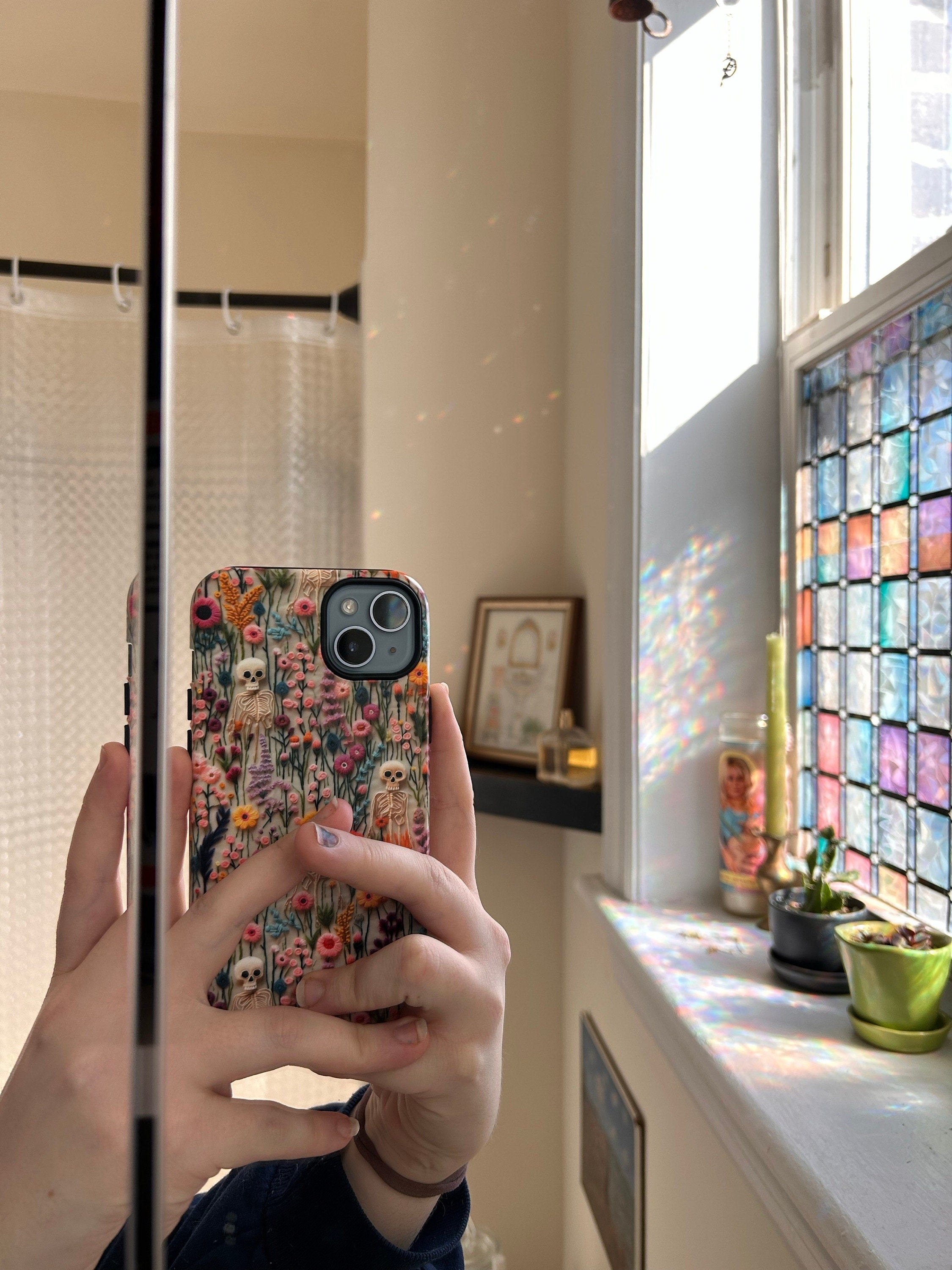 Vintage Skeletons in Bloom Phone Case | Embroidered Look Floral Charm Phone Cover | Halloween Cottagecore | iPhone | Pixel | Samsung