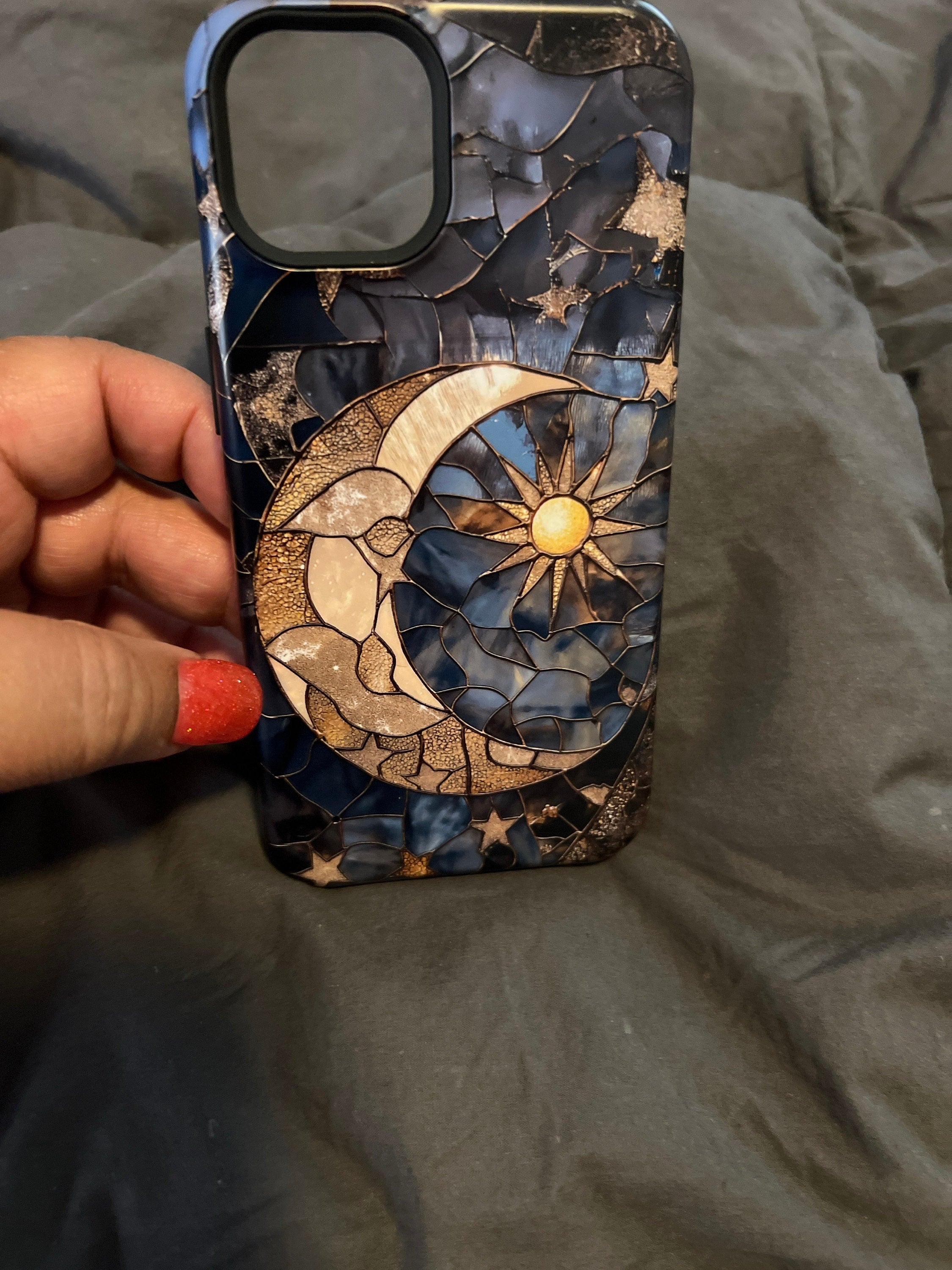 Moon and Stars Phone Case, Celestial Phone Cover Magsafe Compatible Starry Night Sky Space Lover Gift for iPhone 15 14 13 Faux Stained Glass