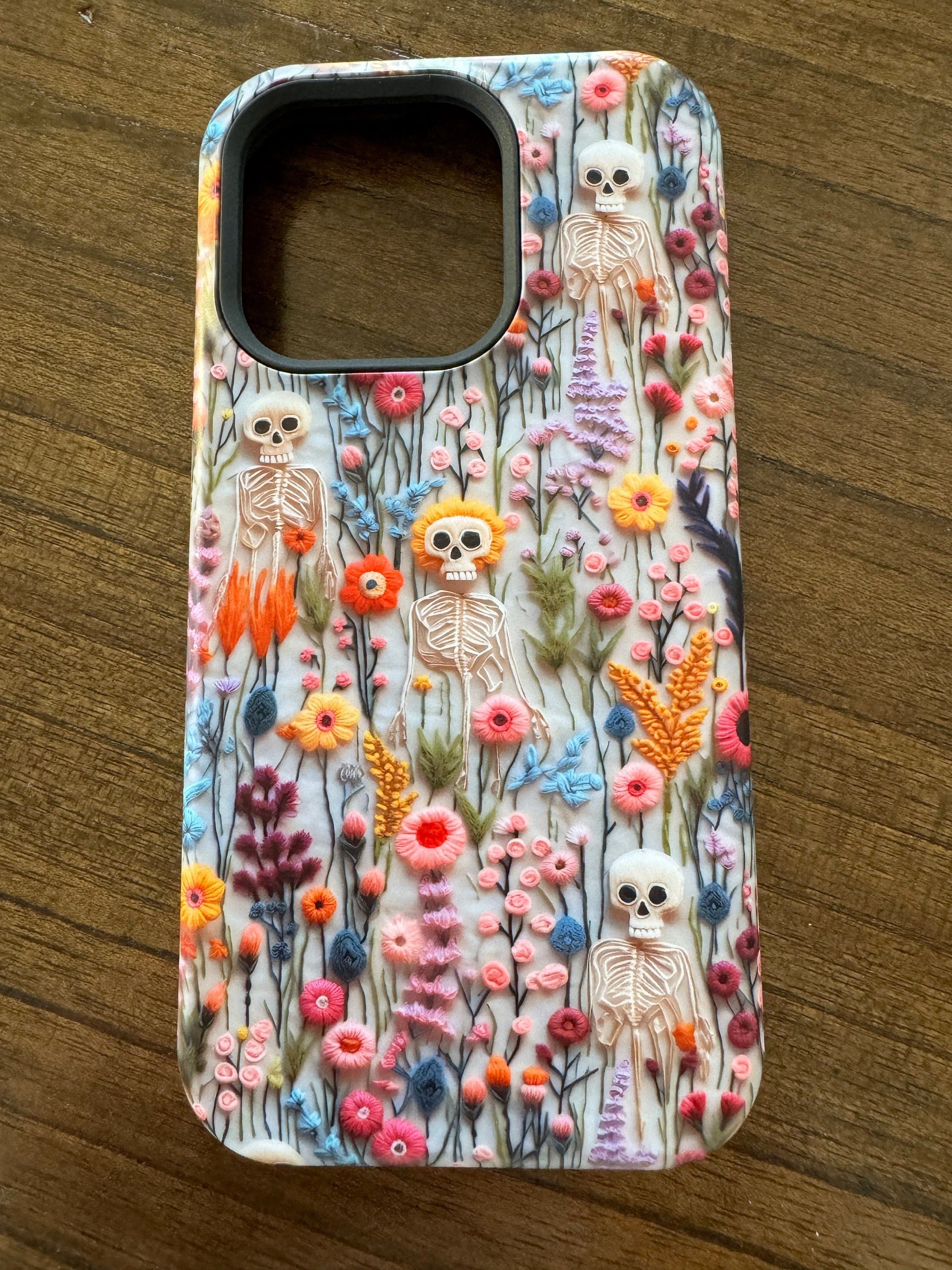 Vintage Skeletons in Bloom Phone Case | Embroidered Look Floral Charm Phone Cover | Halloween Cottagecore | iPhone | Pixel | Samsung
