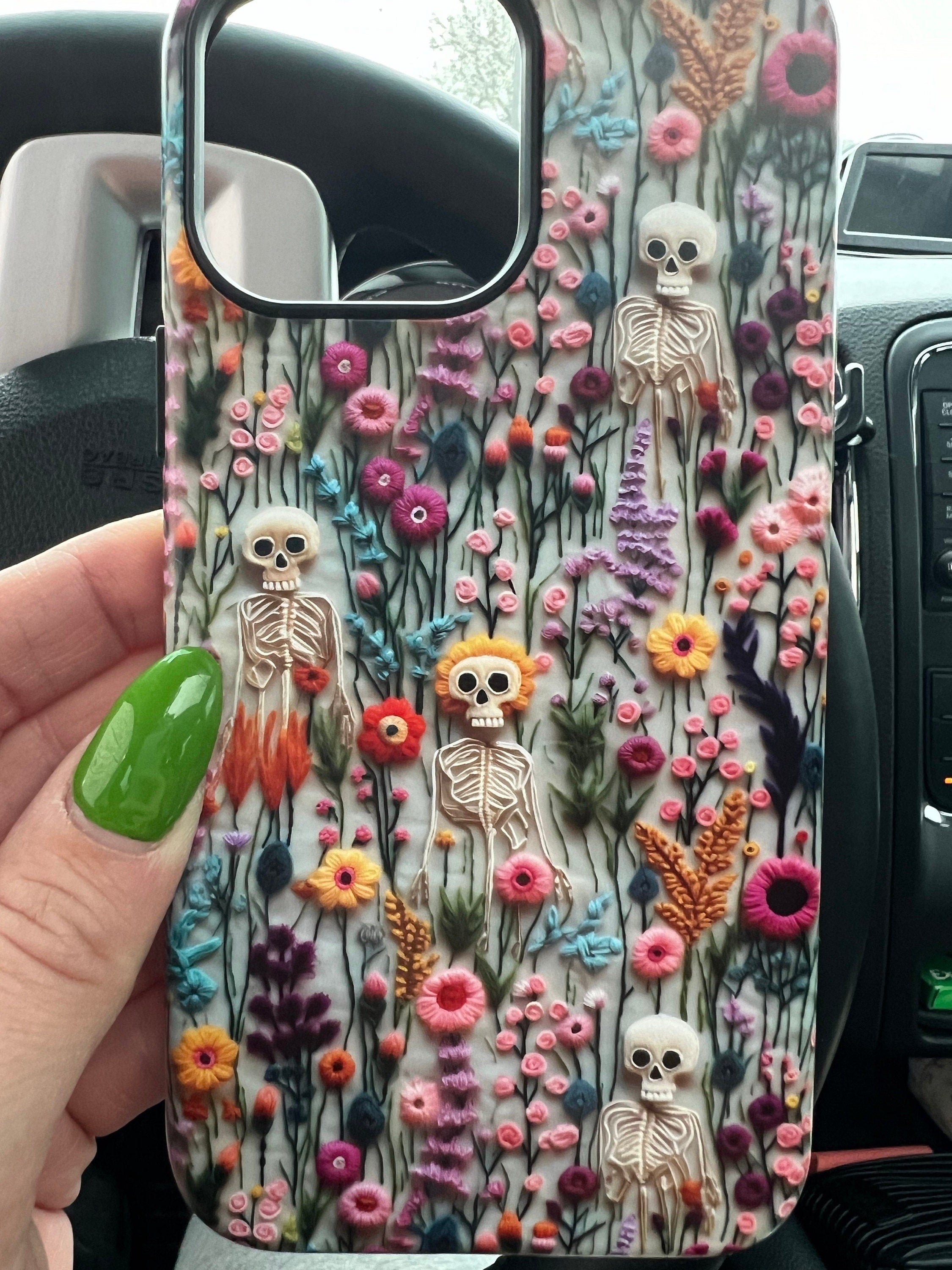 Vintage Skeletons in Bloom Phone Case | Embroidered Look Floral Charm Phone Cover | Halloween Cottagecore | iPhone | Pixel | Samsung