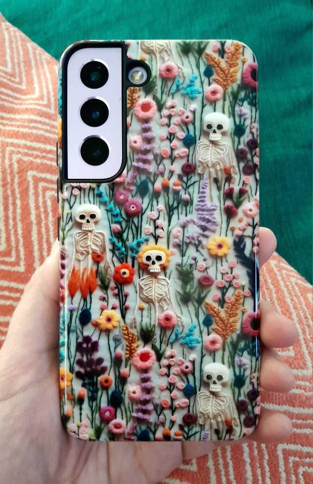 Vintage Skeletons in Bloom Phone Case | Embroidered Look Floral Charm Phone Cover | Halloween Cottagecore | iPhone | Pixel | Samsung