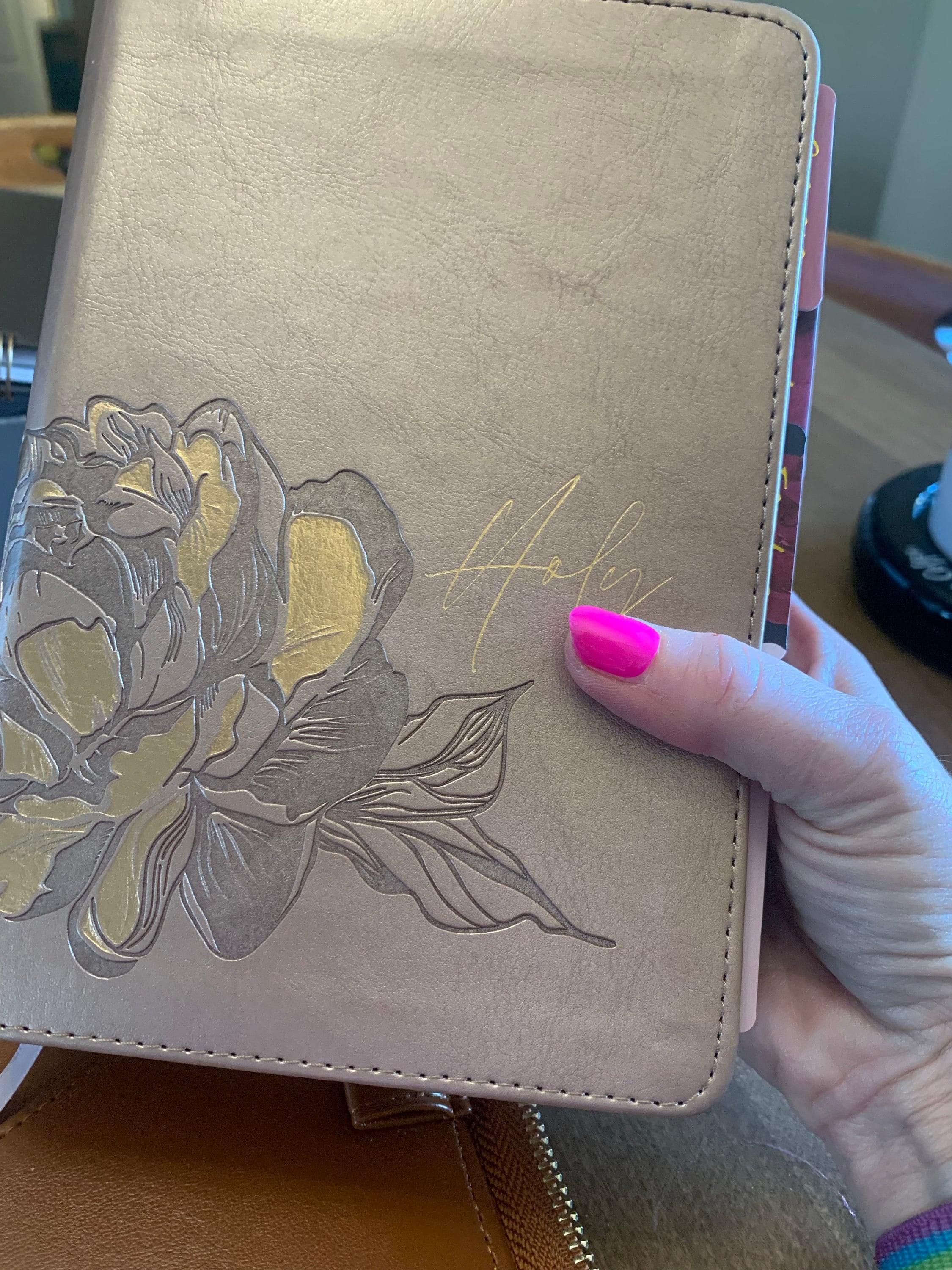 NLT Compact Giant Print Bible, Filament-Enabled Edition LeatherLike, Rose Metallic Peony, Red Letter with Floral Tabs