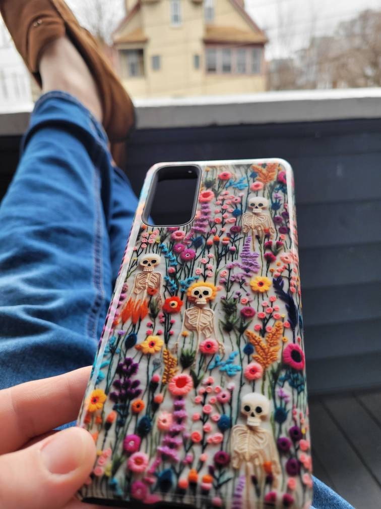 Vintage Skeletons in Bloom Phone Case | Embroidered Look Floral Charm Phone Cover | Halloween Cottagecore | iPhone | Pixel | Samsung