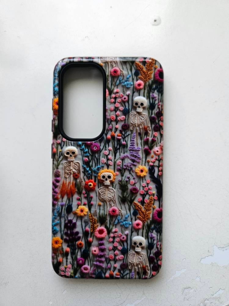 Vintage Skeletons in Bloom Phone Case | Embroidered Look Floral Charm Phone Cover | Halloween Cottagecore | iPhone | Pixel | Samsung