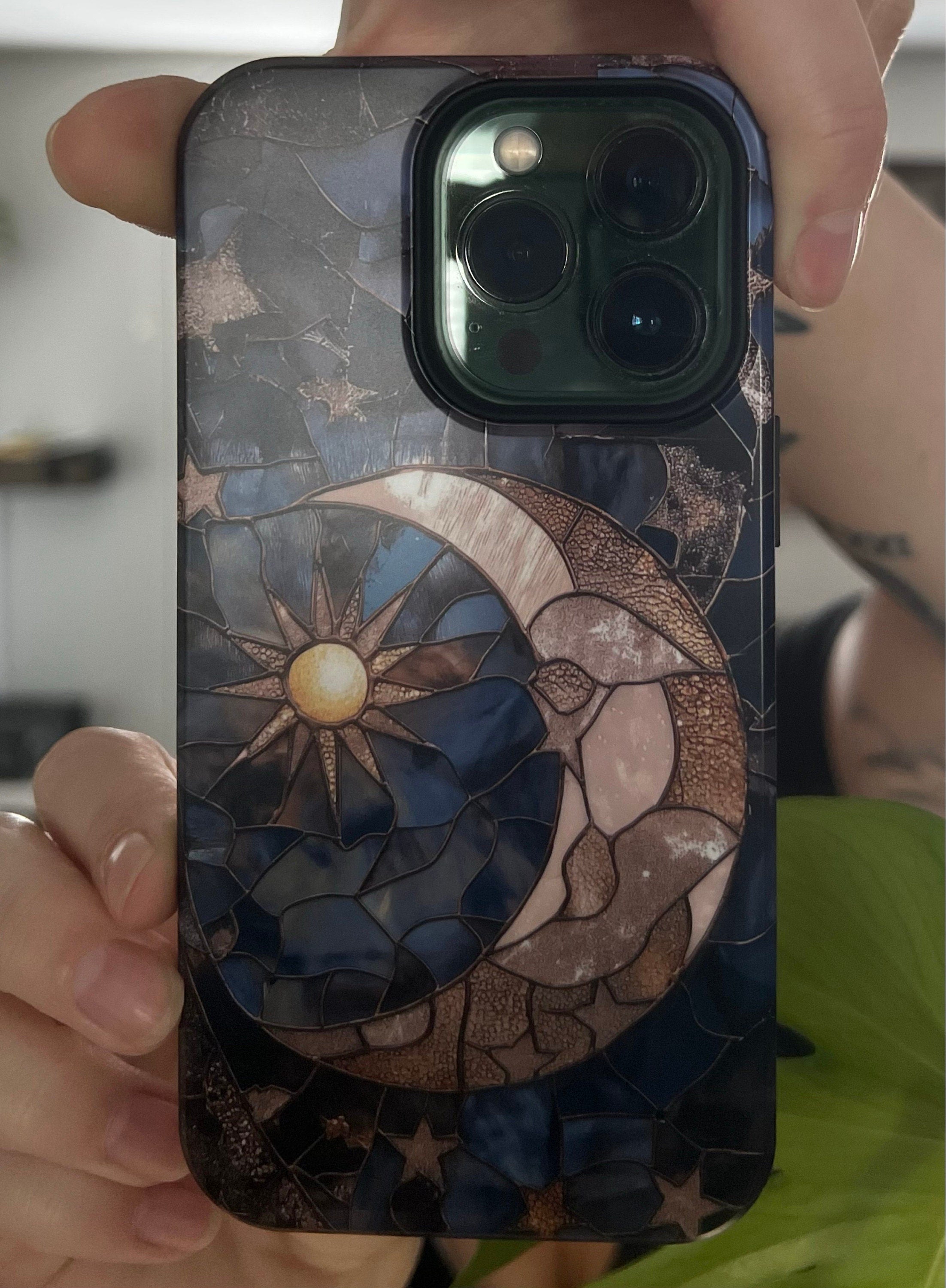 Moon and Stars Phone Case, Celestial Phone Cover Magsafe Compatible Starry Night Sky Space Lover Gift for iPhone 15 14 13 Faux Stained Glass