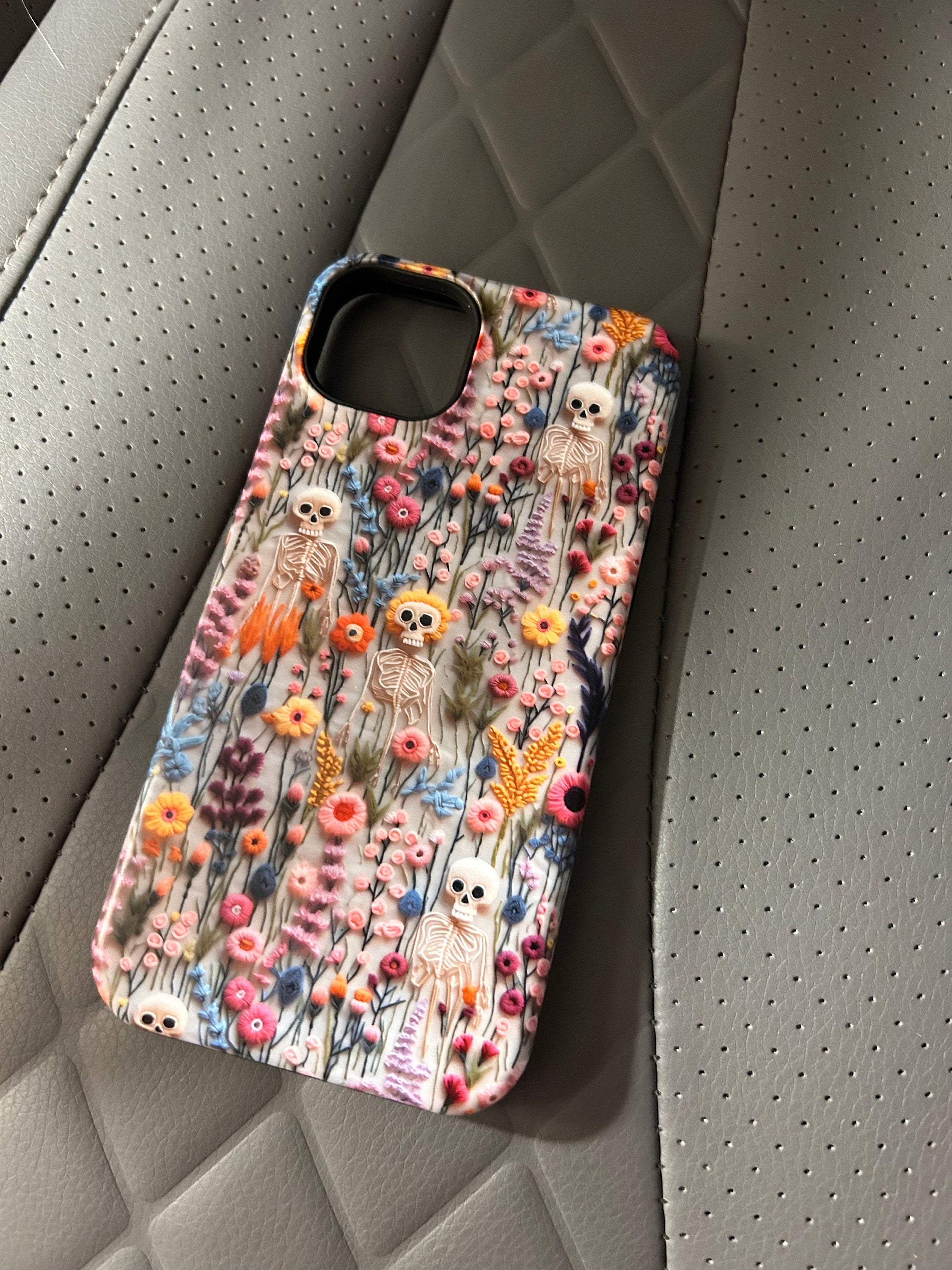 Vintage Skeletons in Bloom Phone Case | Embroidered Look Floral Charm Phone Cover | Halloween Cottagecore | iPhone | Pixel | Samsung