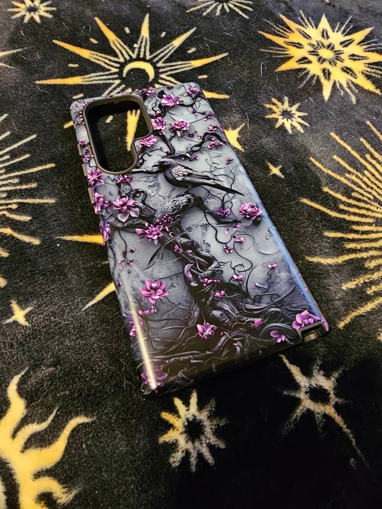 Goth Gothic Dark Spooky Raven Crow Phone Case Witchy Purple Tree Flower iPhone 15 14 13 12 11 8 Pro Max X XS XR Pixel Samsung S23 S24+ Gift