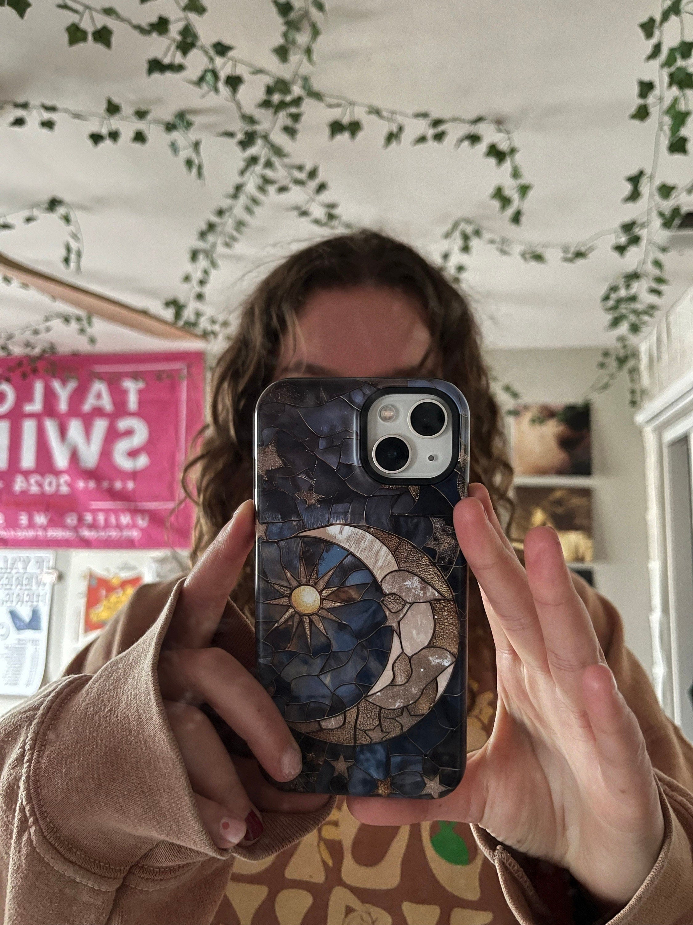 Moon and Stars Phone Case, Celestial Phone Cover Magsafe Compatible Starry Night Sky Space Lover Gift for iPhone 15 14 13 Faux Stained Glass