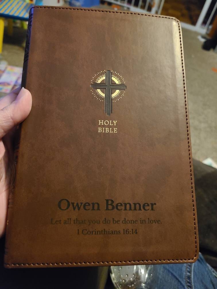 Personalized NRSV Bible New Revised Standard Version Catholic Edition, Catholic Bible, Brown Faux Leather Custom Bible Cover, Baptism Gift