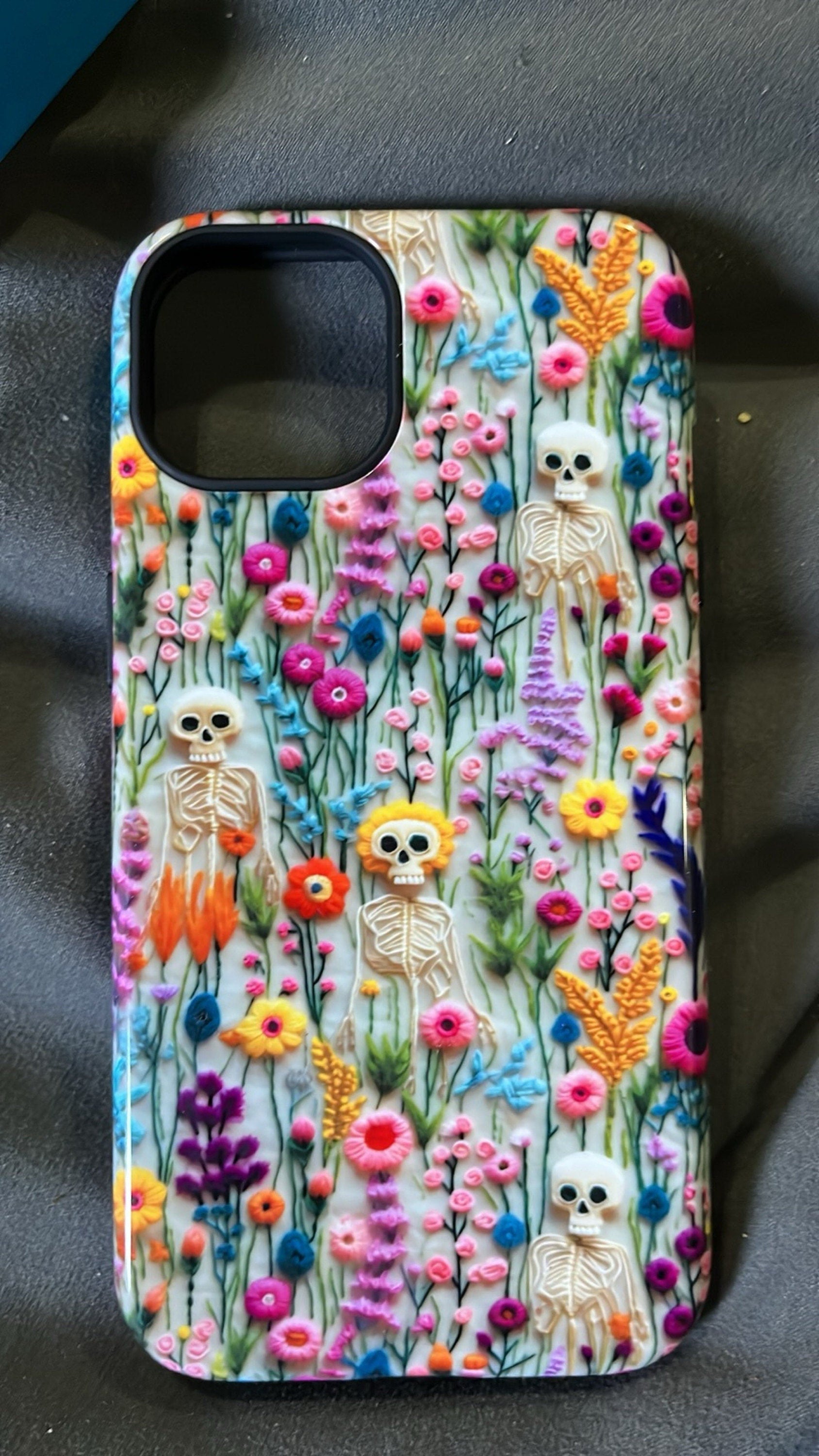 Vintage Skeletons in Bloom Phone Case | Embroidered Look Floral Charm Phone Cover | Halloween Cottagecore | iPhone | Pixel | Samsung