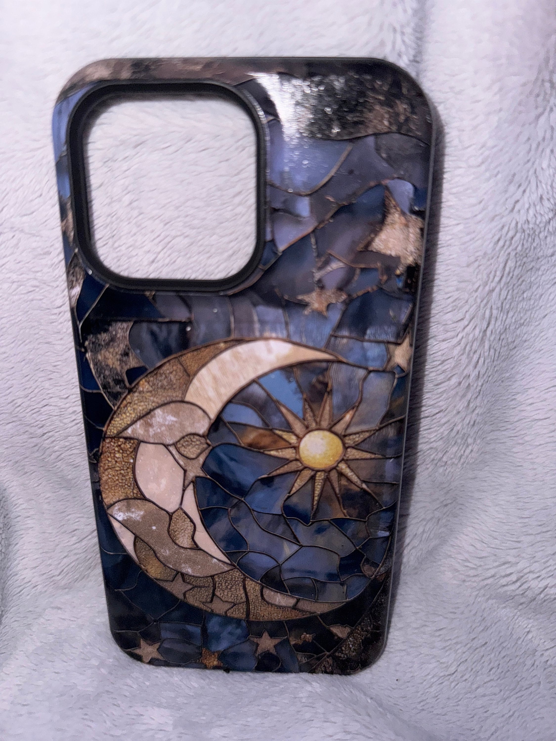 Moon and Stars Phone Case, Celestial Phone Cover Magsafe Compatible Starry Night Sky Space Lover Gift for iPhone 15 14 13 Faux Stained Glass