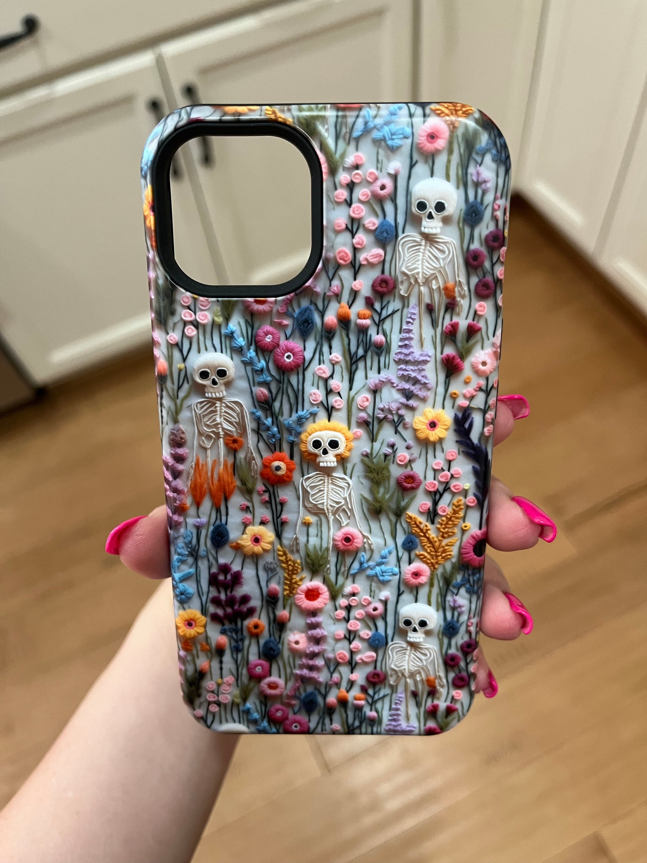 Vintage Skeletons in Bloom Phone Case | Embroidered Look Floral Charm Phone Cover | Halloween Cottagecore | iPhone | Pixel | Samsung