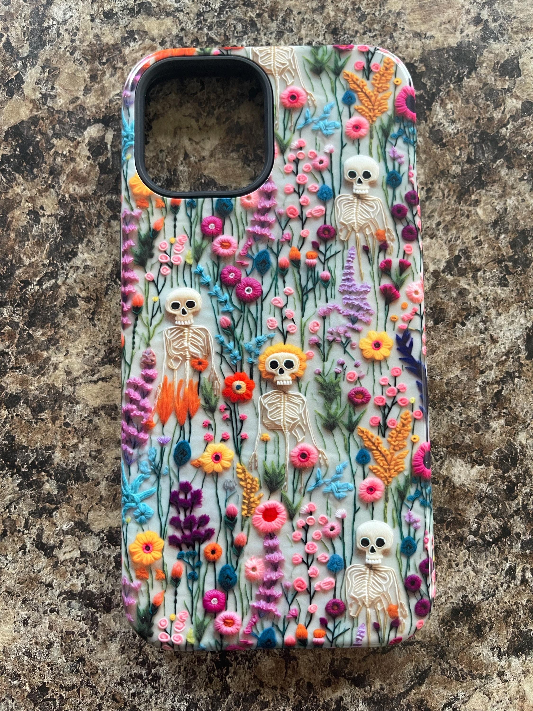 Vintage Skeletons in Bloom Phone Case | Embroidered Look Floral Charm Phone Cover | Halloween Cottagecore | iPhone | Pixel | Samsung