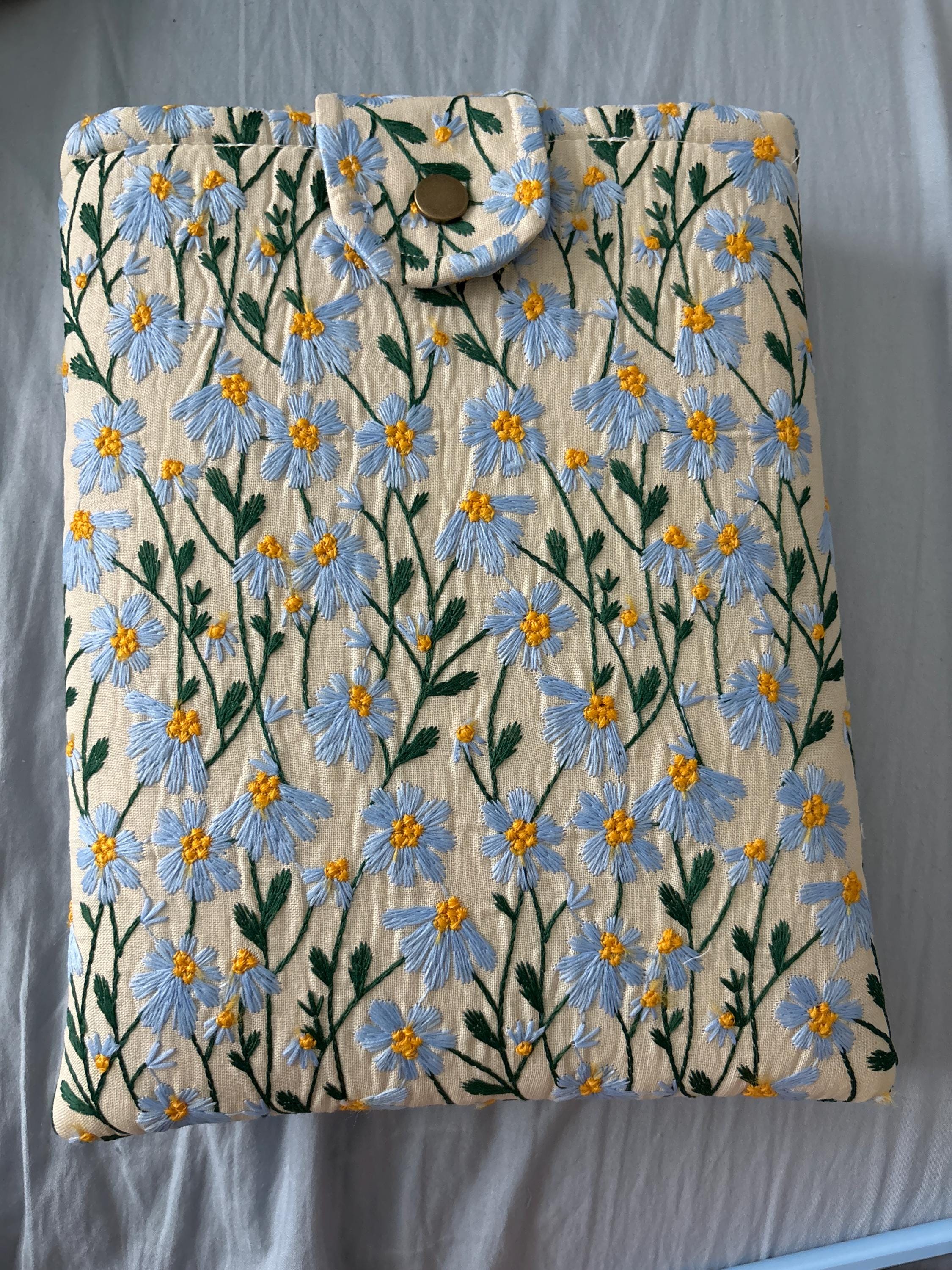 Blue Beige Daisy Embroidered book sleeve, kindle sleeve, ereader cover, iPad sleeve, Book Gift, book pouch, Bible cover