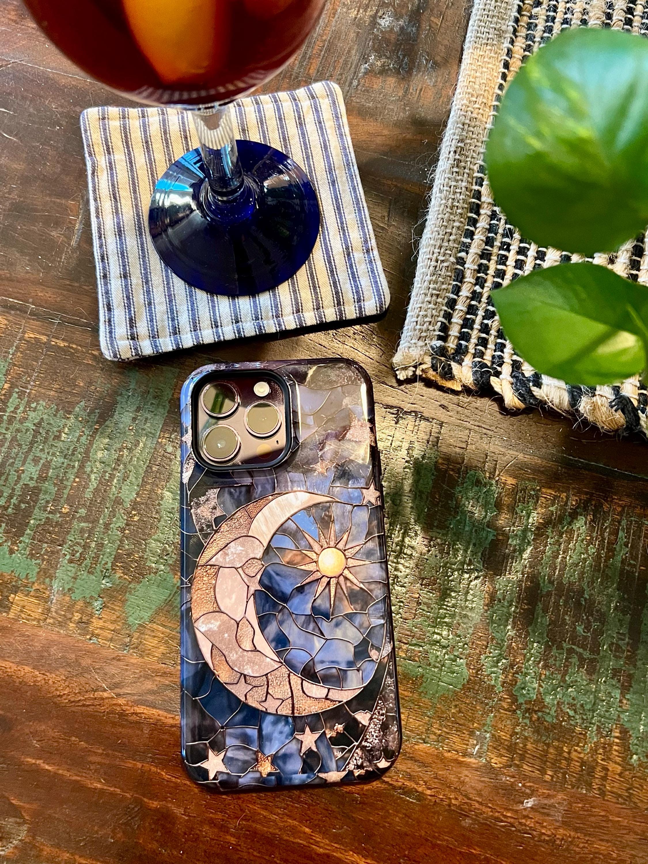 Moon and Stars Phone Case, Celestial Phone Cover Magsafe Compatible Starry Night Sky Space Lover Gift for iPhone 15 14 13 Faux Stained Glass