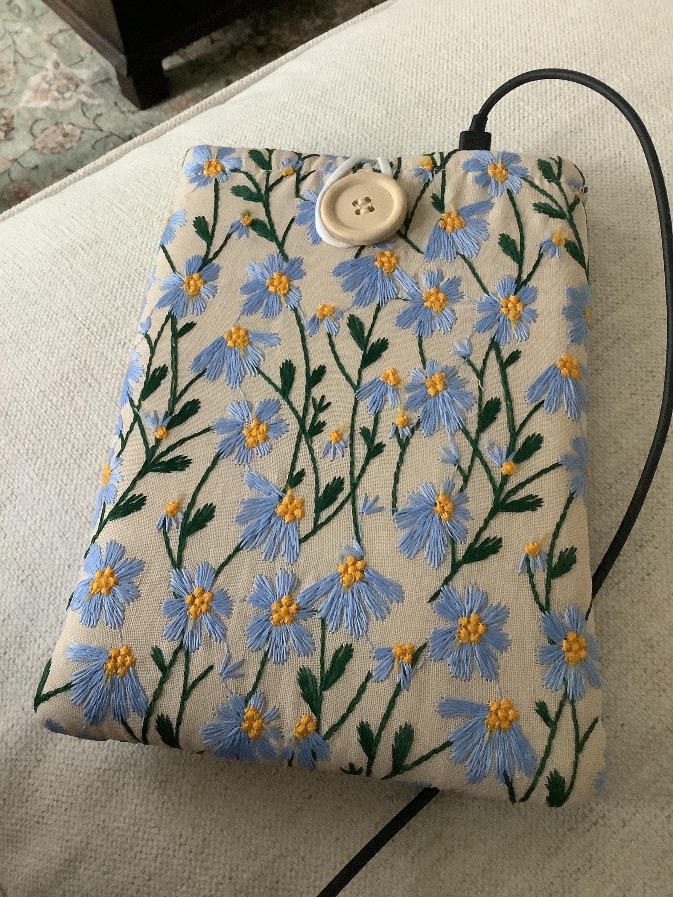 Blue Beige Daisy Embroidered book sleeve, kindle sleeve, ereader cover, iPad sleeve, Book Gift, book pouch, Bible cover